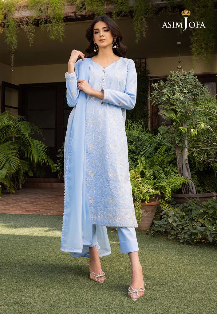 asim jofa blue dress AJCRP-01 EMBROIDERED CHIFFON STITCHED 3 PCS