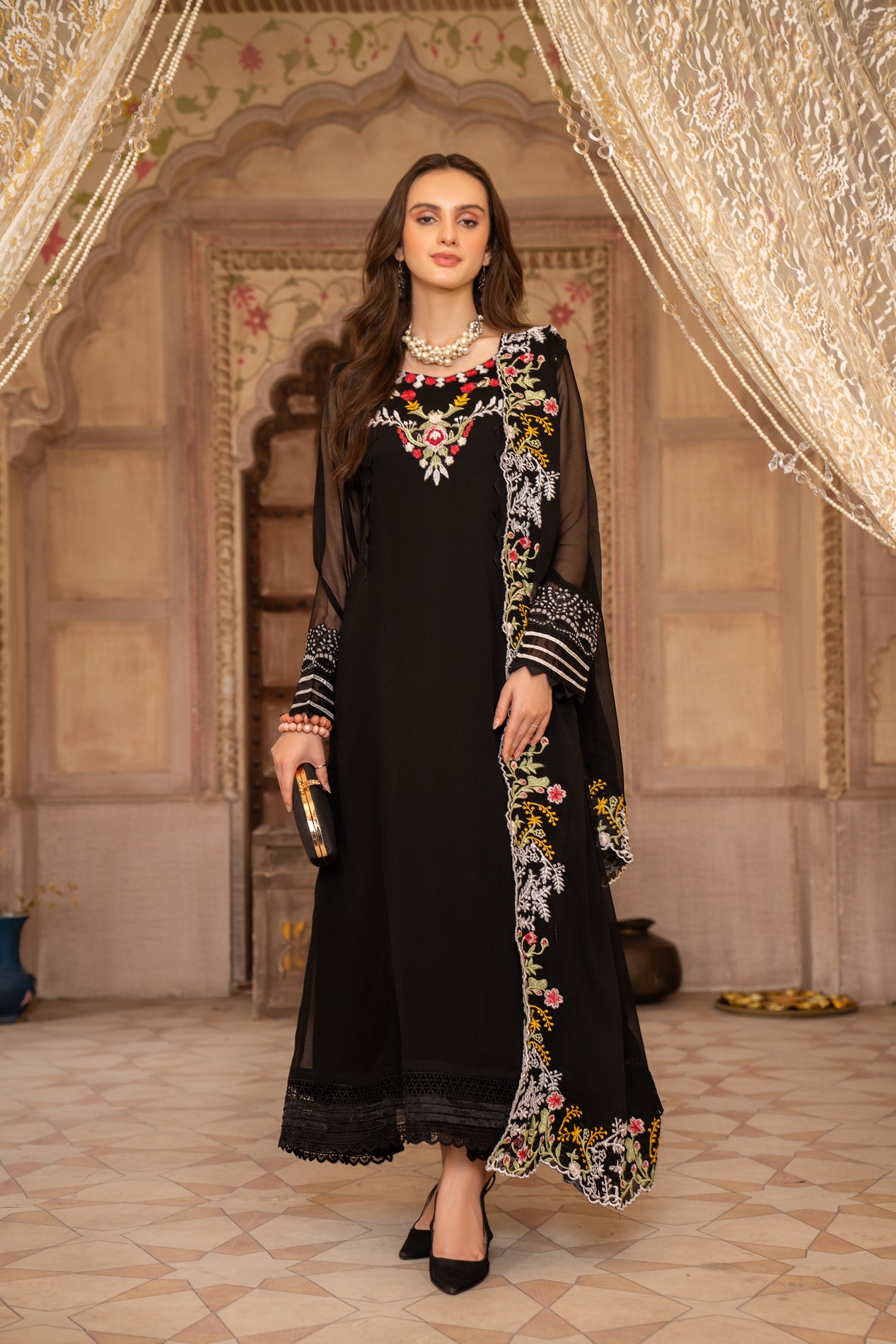 Black chiffon embroidered dress online