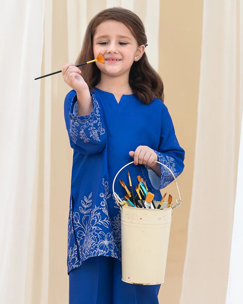 Mona Pretty Prints Girls 2pc Poly Raw Silk Co-ord Set Royal Blue Embroidered KDDR4