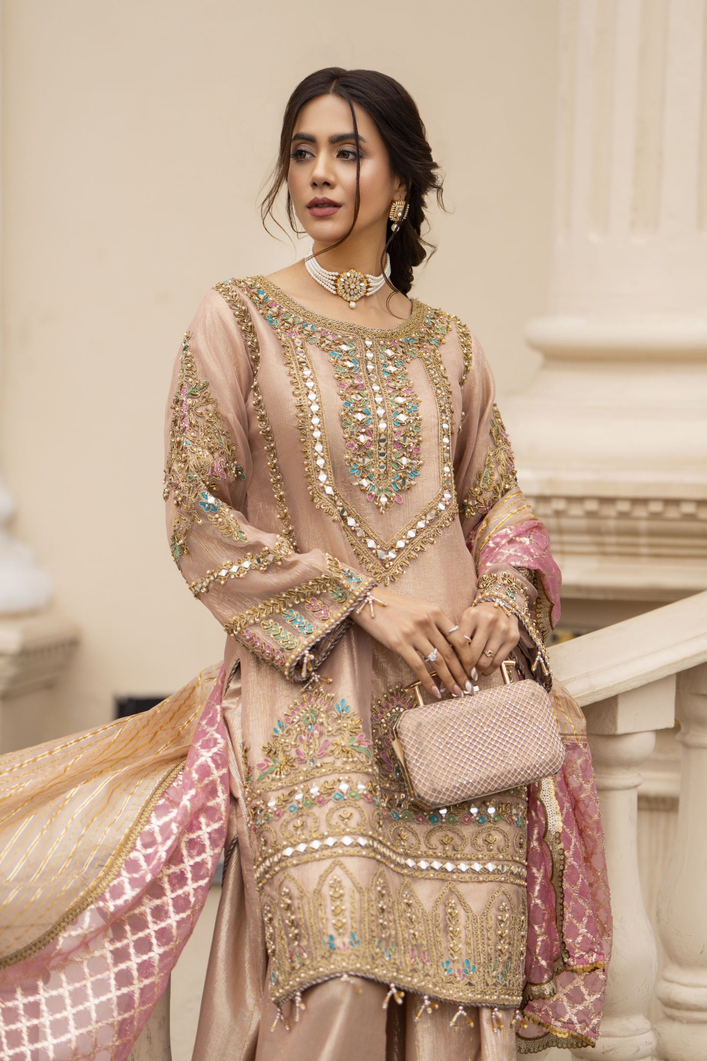 Zaiwaraat by Arwah Organza Mirror Work Shirt with Kundan Masoori Sharara & Jacquard Dupatta ZWR06