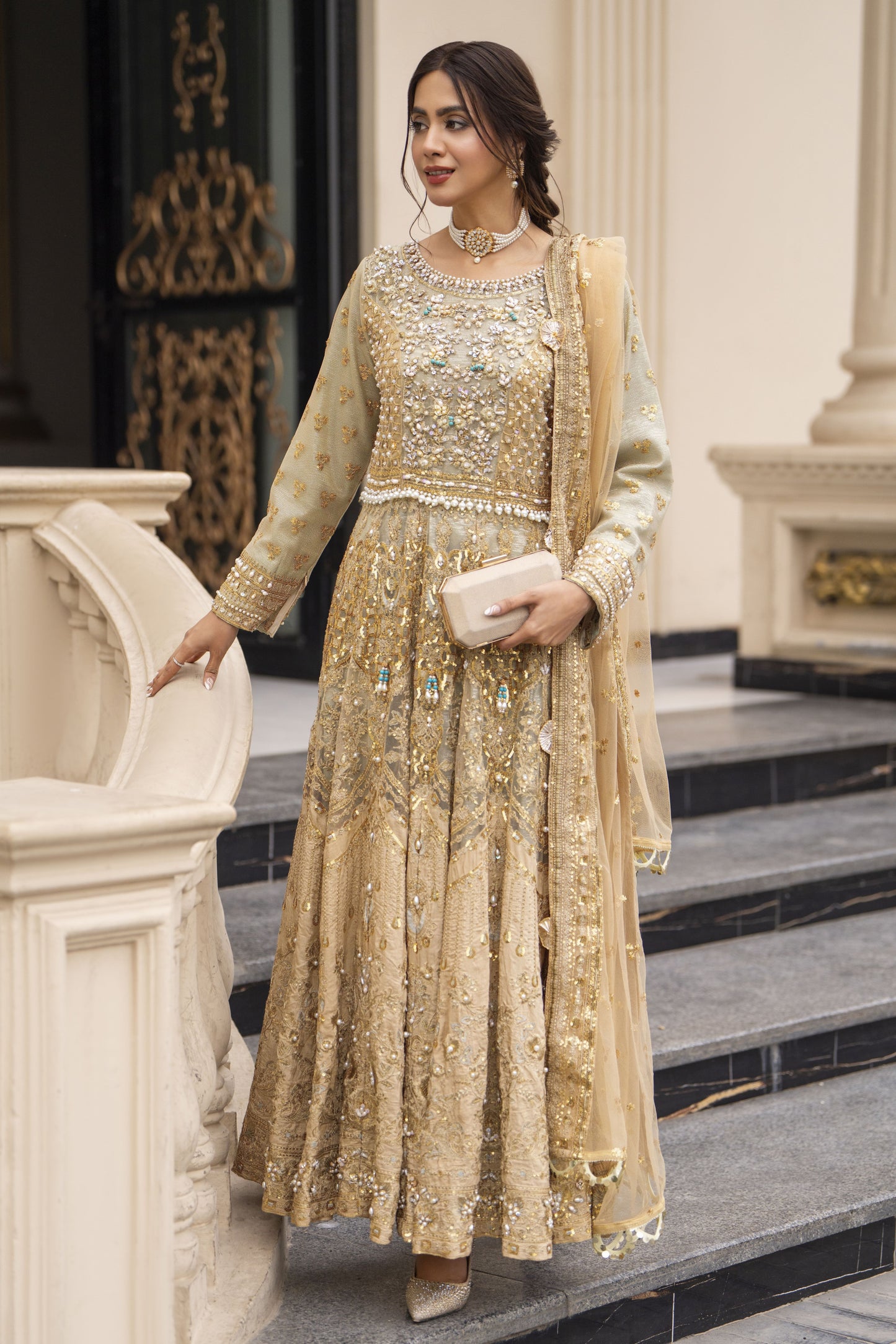 Zaiwaraat by Arwah Embroidered Maxi Dress with Straight Trousers & Dupatta ZWR05
