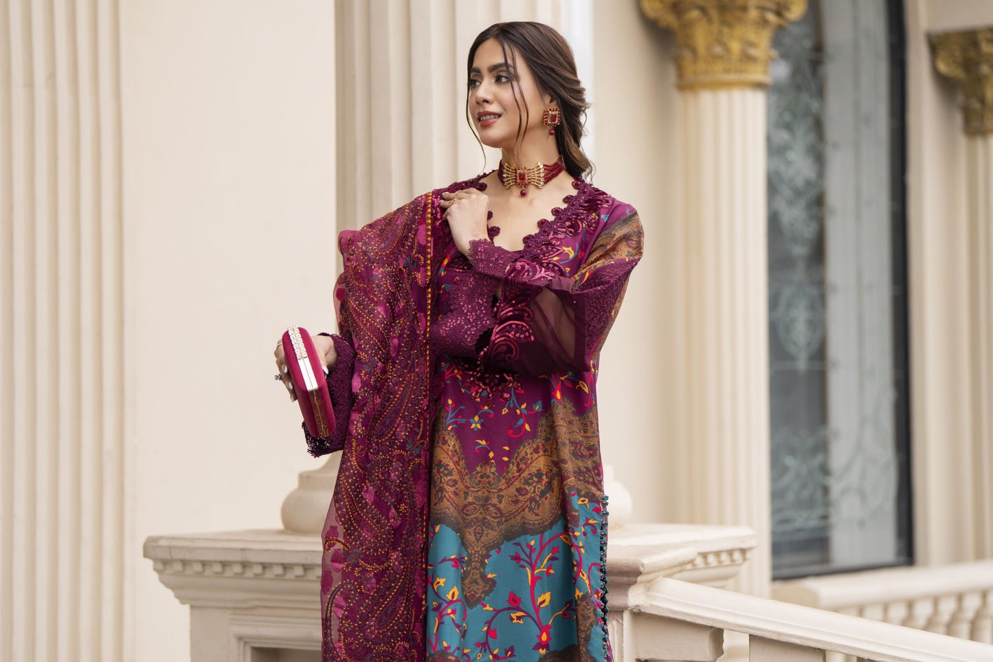 Arwah Embroidered Digital Printed Grip Dress with Velvet Accents SSA20