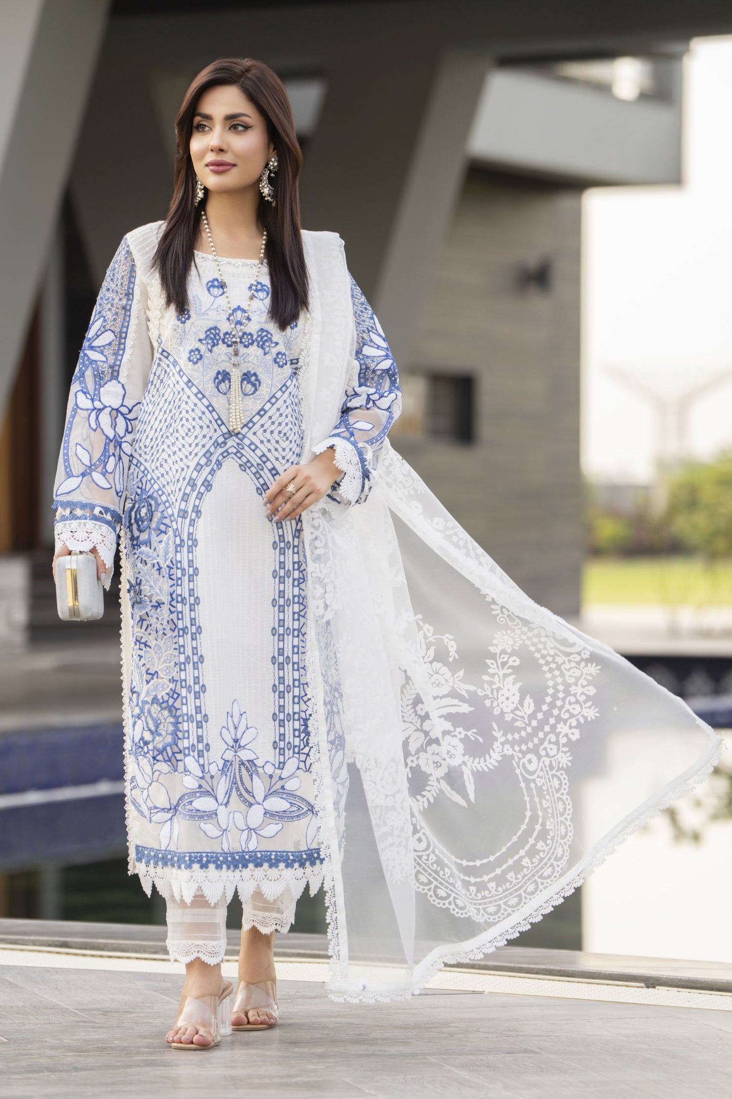 Raabtaa – A Silver Affair | Blue & White Chikankari Lawn Womenswear SRS01