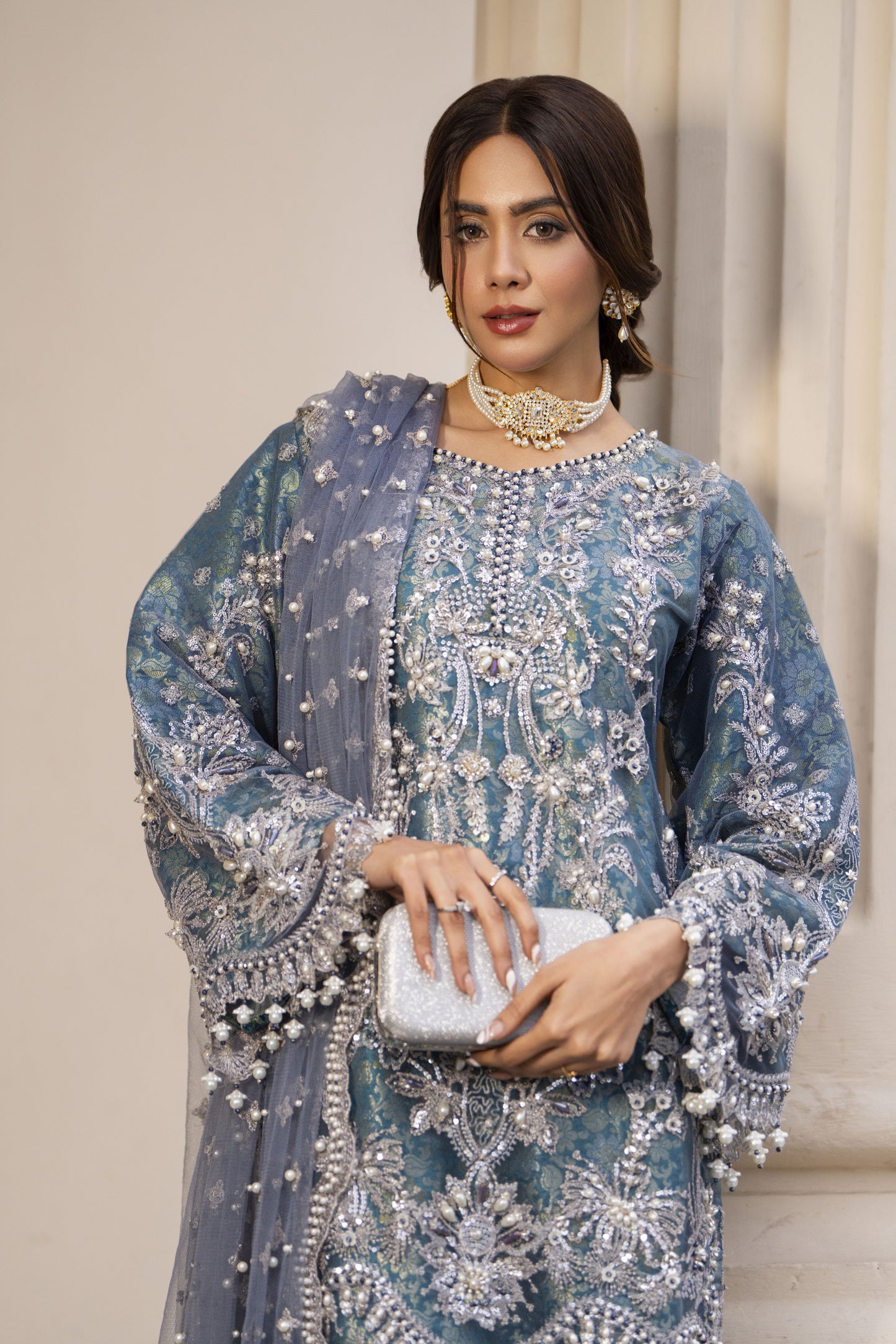 Zaiwaraat by Arwah Embroidered Net Shirt with Straight Trousers & Pearl Embellished Dupatta ZWR04