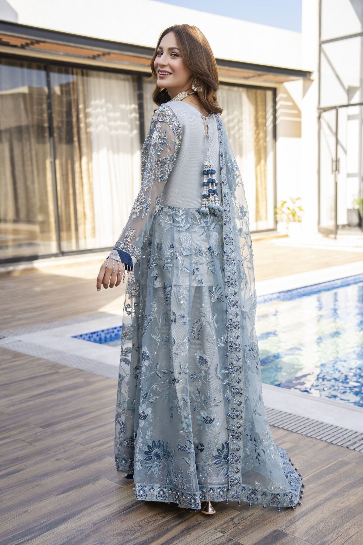Zaiwaraat by Arwah – Blue Embroidered Organza Frock with Zarri Lehenga – ZWR13