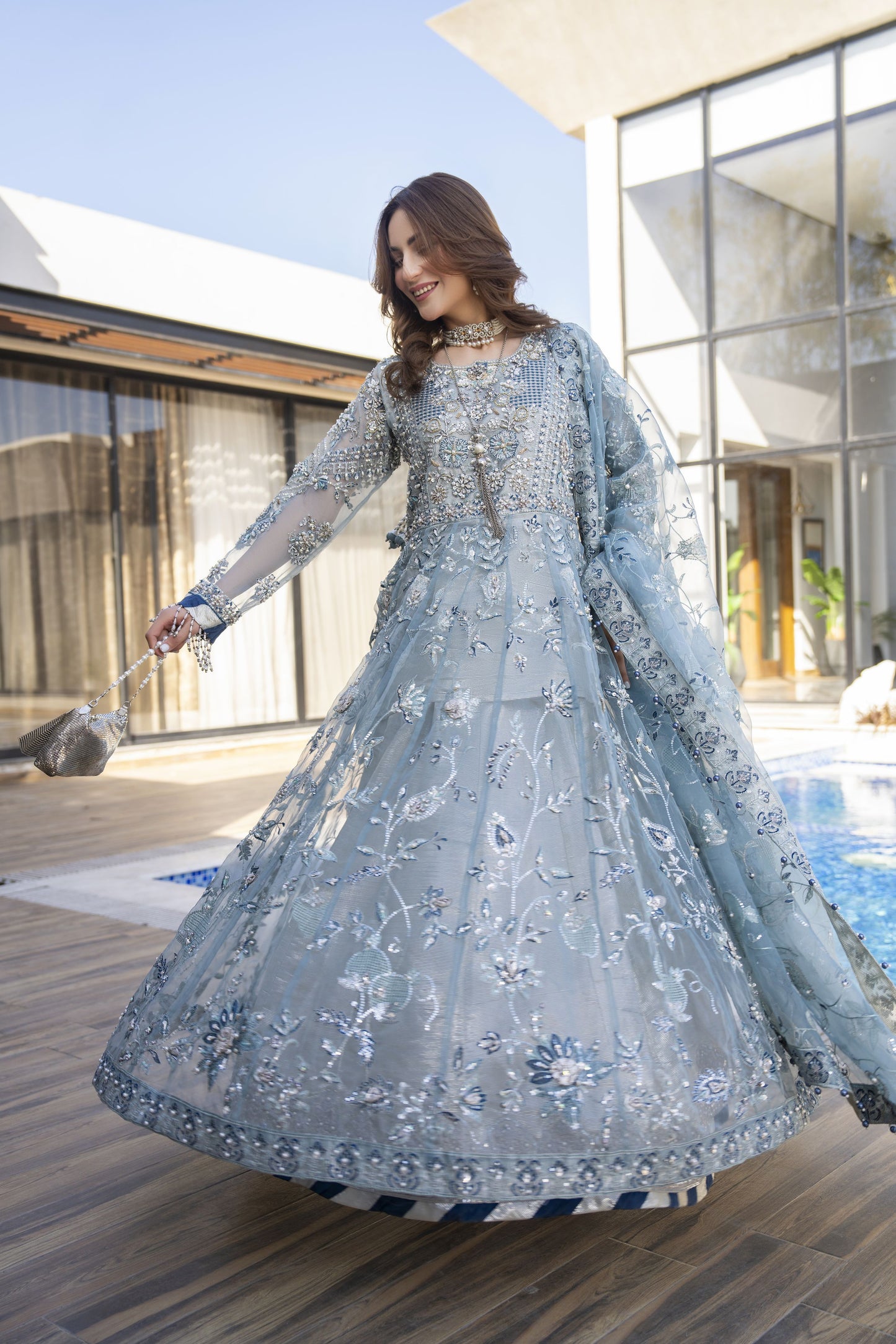 Zaiwaraat by Arwah – Blue Embroidered Organza Frock with Zarri Lehenga – ZWR13