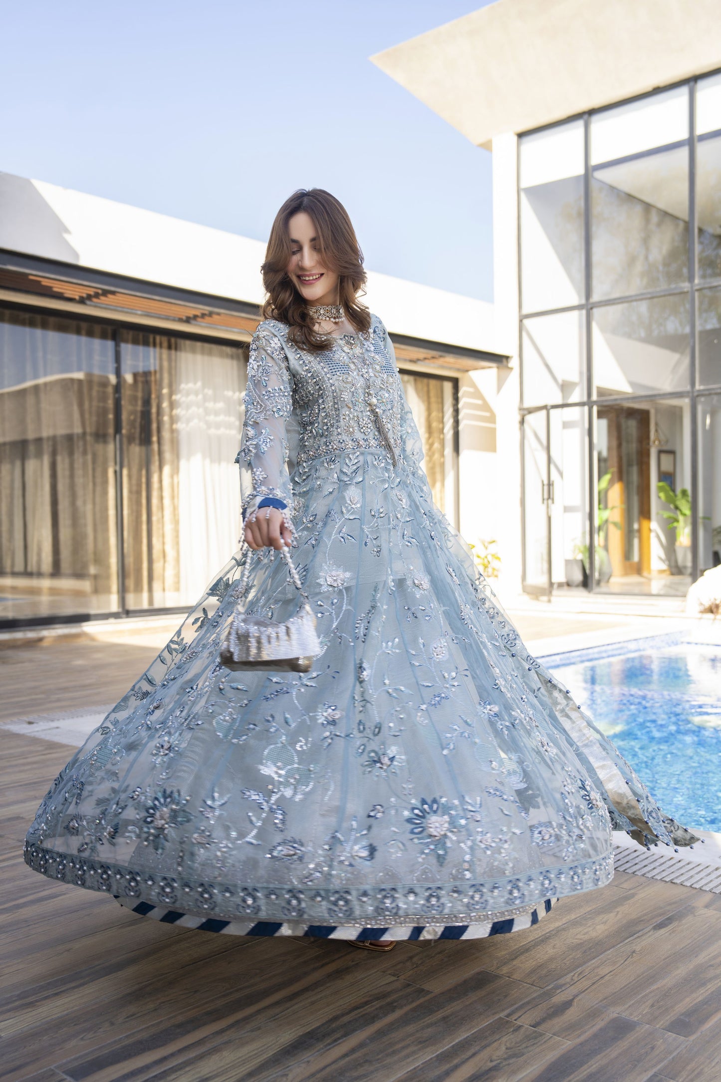 Zaiwaraat by Arwah – Blue Embroidered Organza Frock with Zarri Lehenga – ZWR13