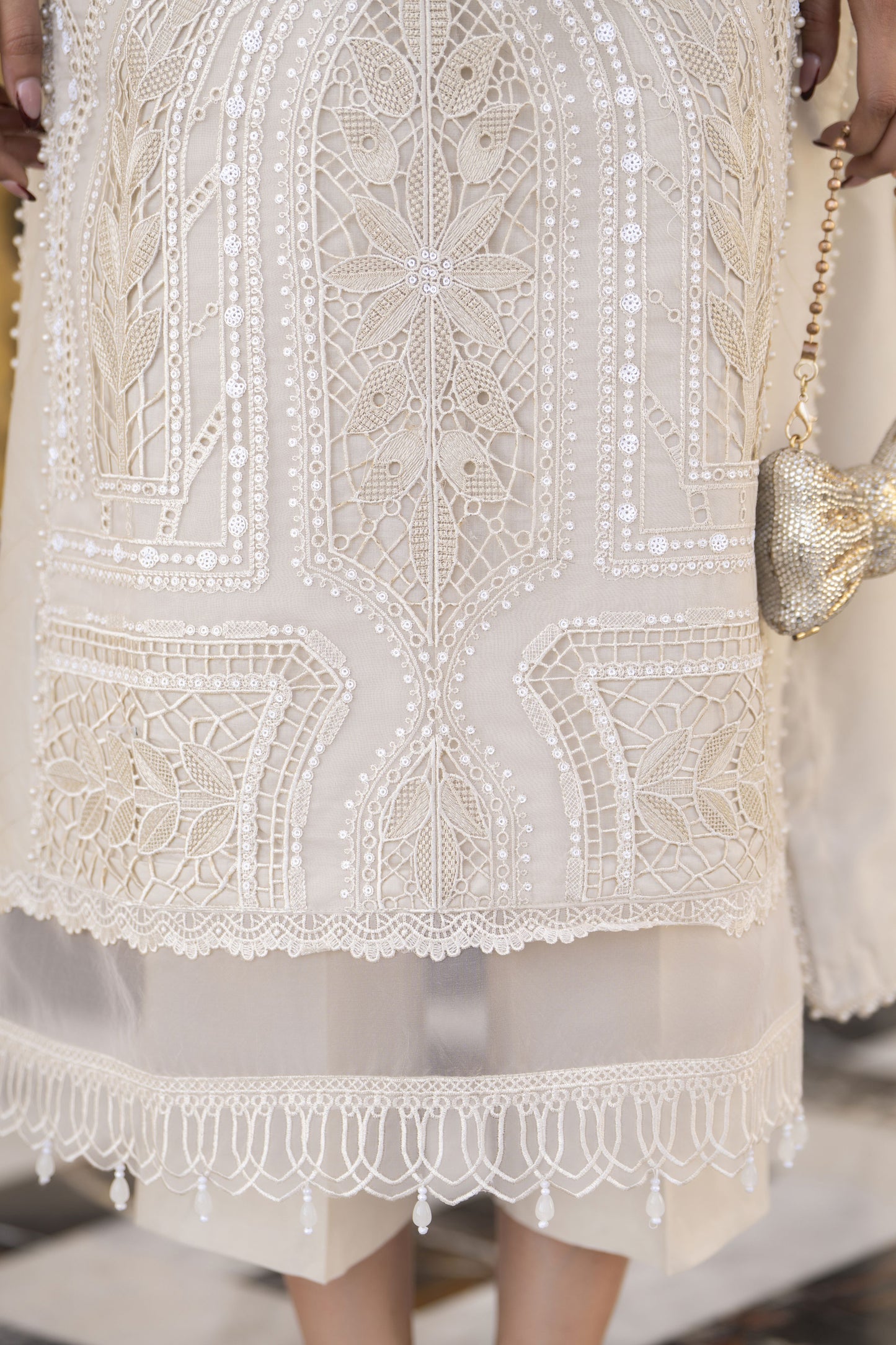 Arwah Aureen AA9 3pc Beige Cutwork Cotton Long Suit with Chiffon Dupatta