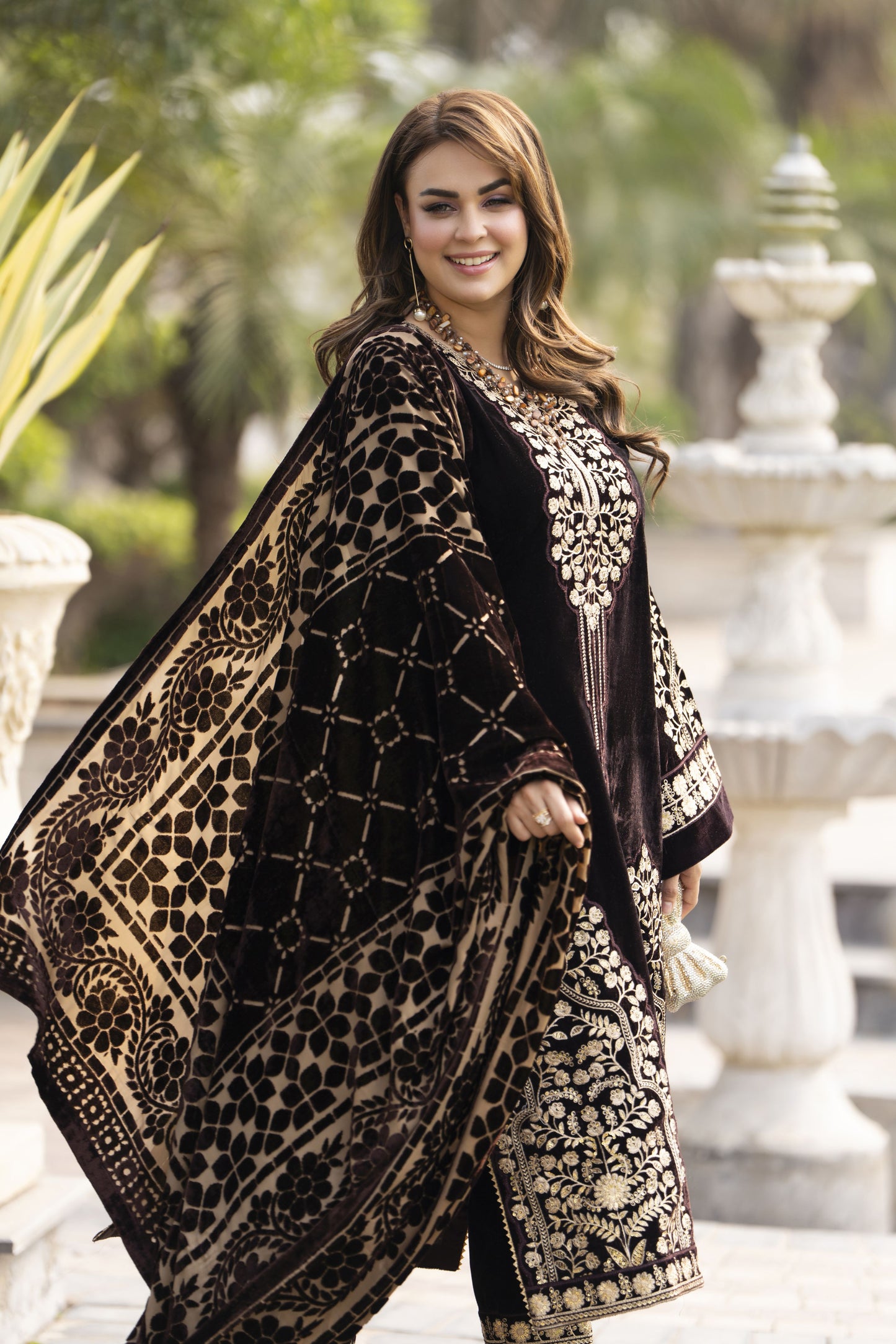 GA12 Gul Warun Velvet Chocolate Borwn 3PC Suit with Palachi Shawl