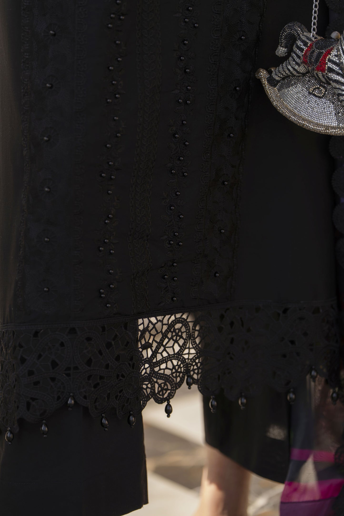 Arwah Aureen AA2 3pc Black Cutwork Embroidered Cotton Suit with Silk Dupatta
