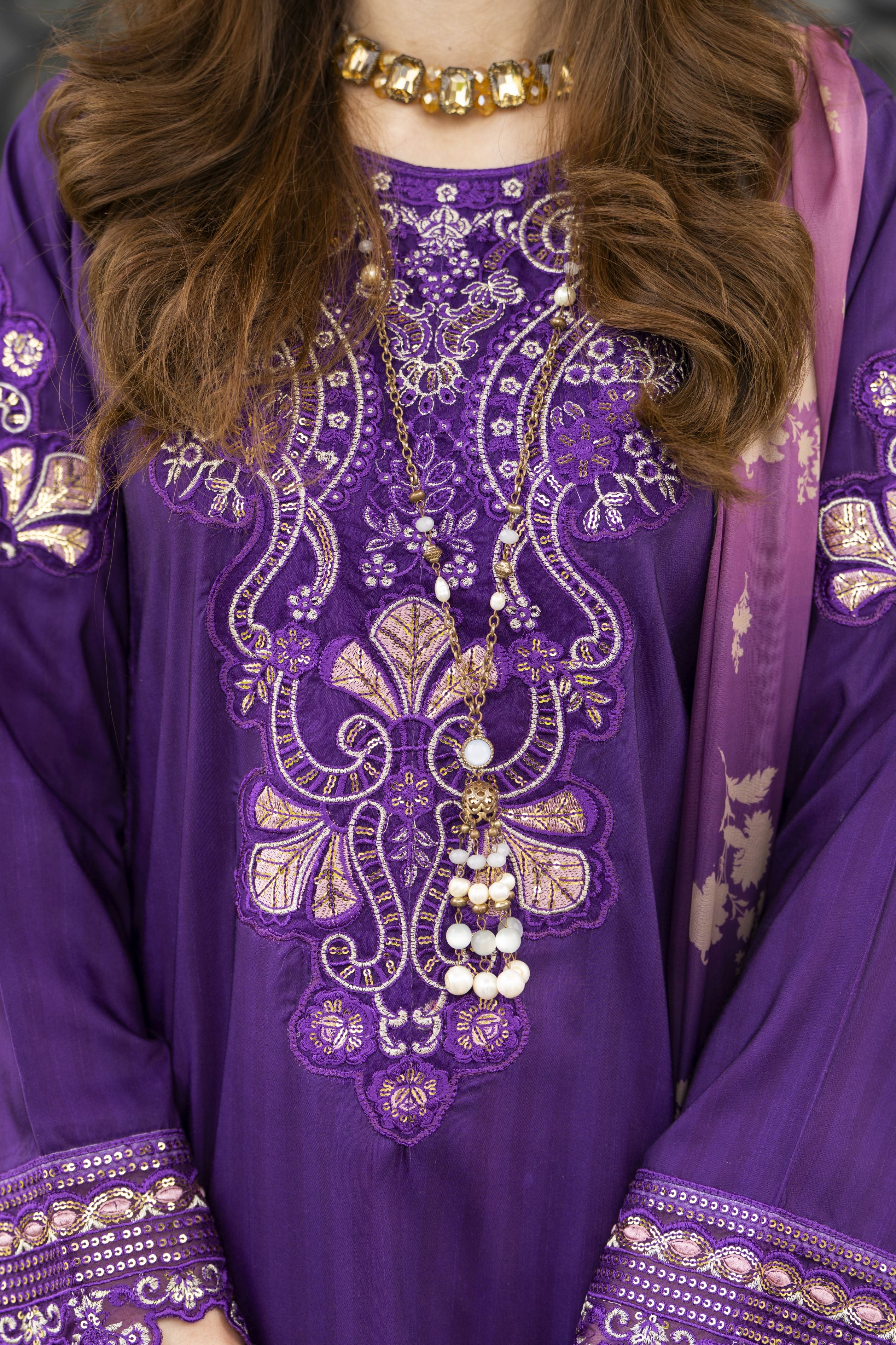 Lush by Aleezay – Purple Raw Silk 3pc Short Shirt with Pink Farshi Shalwar Lush5