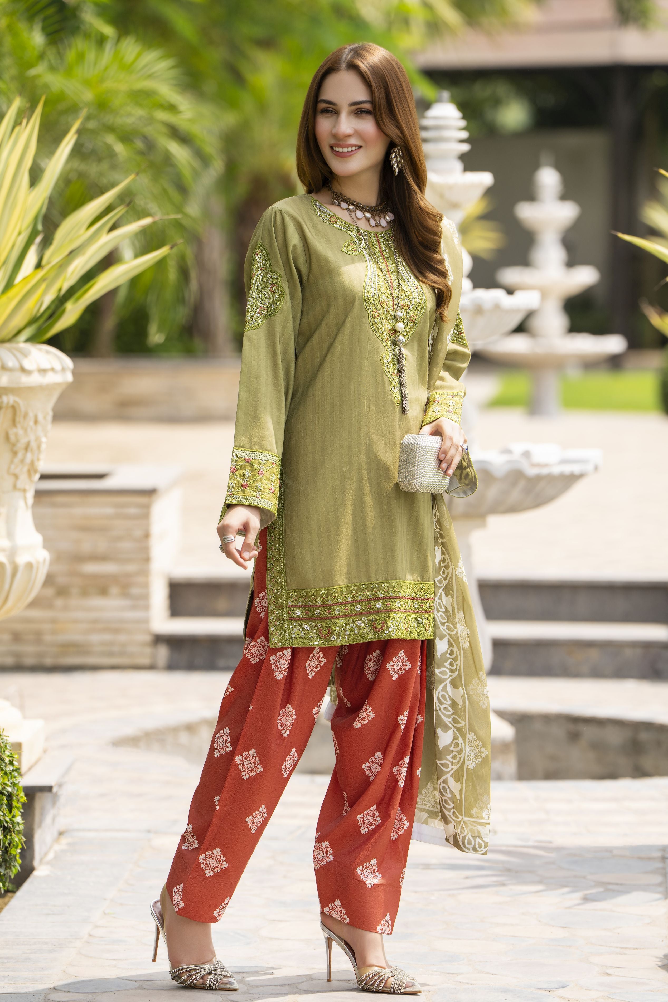 Lush by Aleezay – Olive Raw Silk 3pc Dress with Farshi Shalwar Lush3