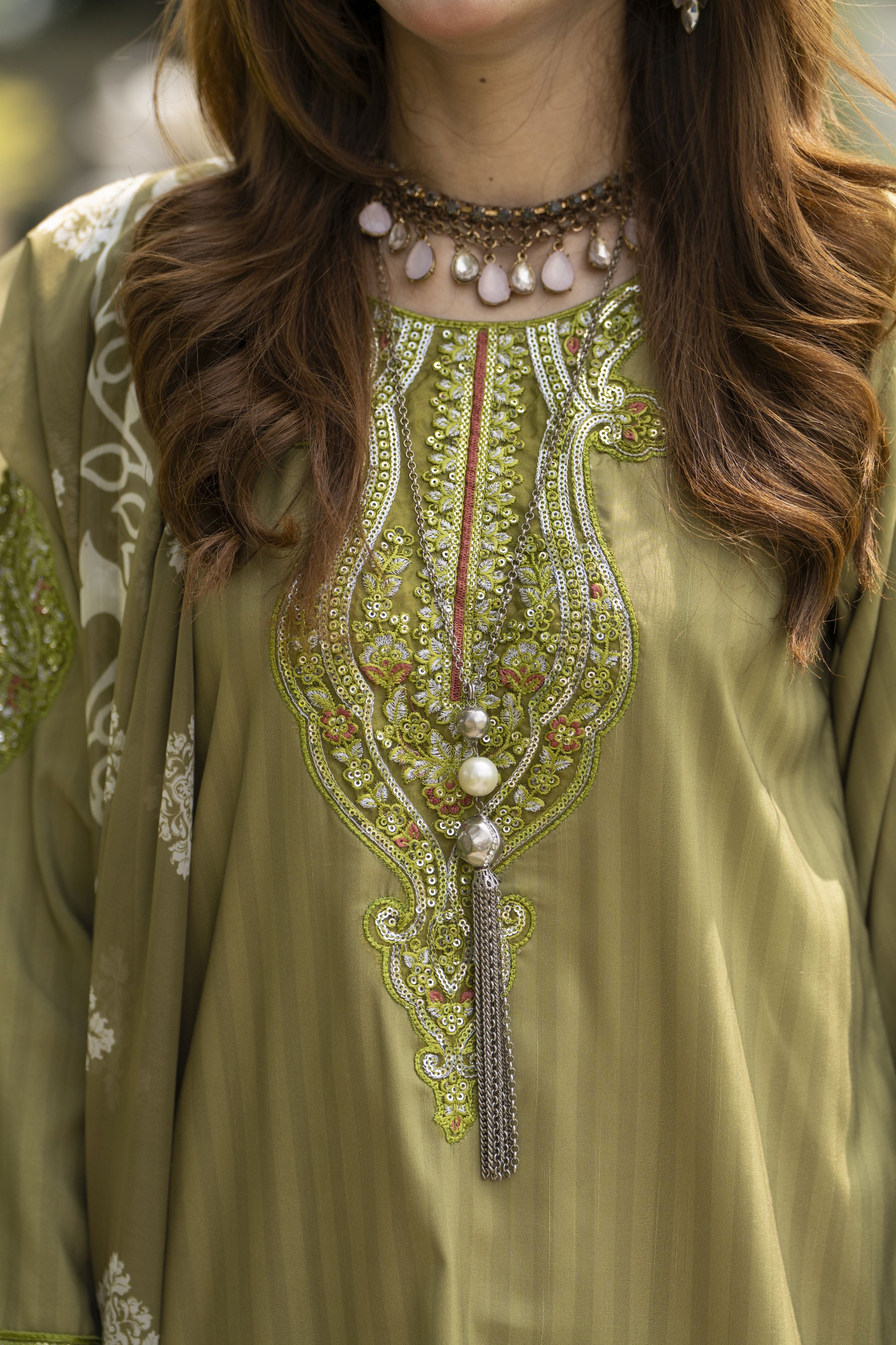 Lush by Aleezay – Olive Raw Silk 3pc Dress with Farshi Shalwar Lush3