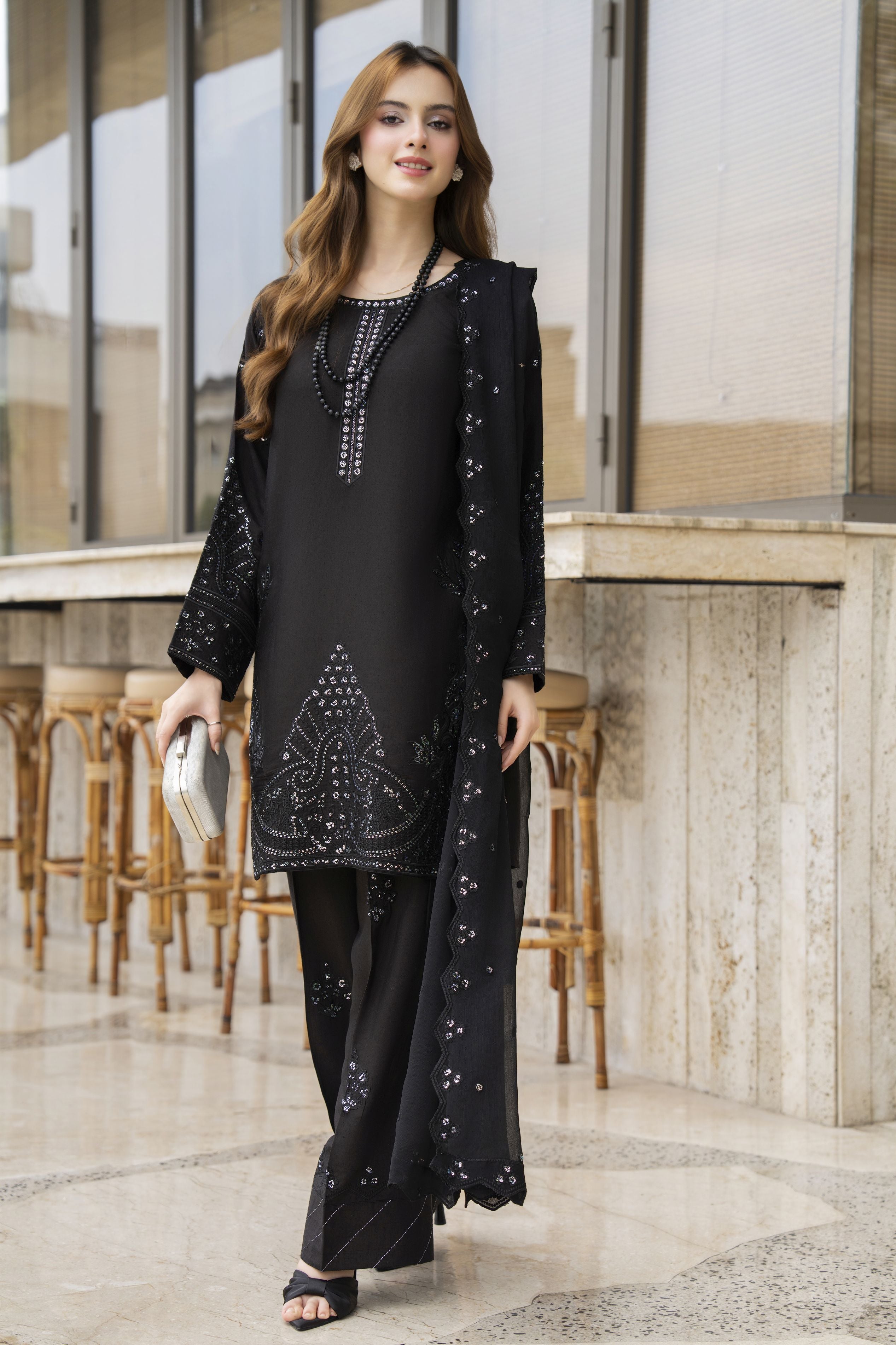 Threaded Grace Silk Karandi by Gul Warun – Black Embellished 3pc Suit TGS8