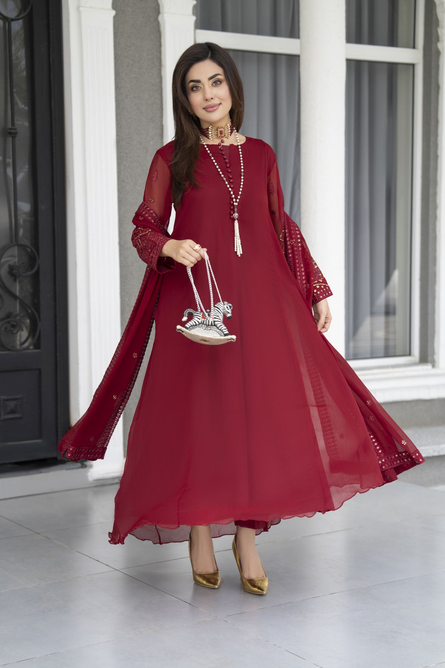 Gul Warun Lustre Chiffon – 3pc Ready to Wear Maroon Embroidered Frock LSG8
