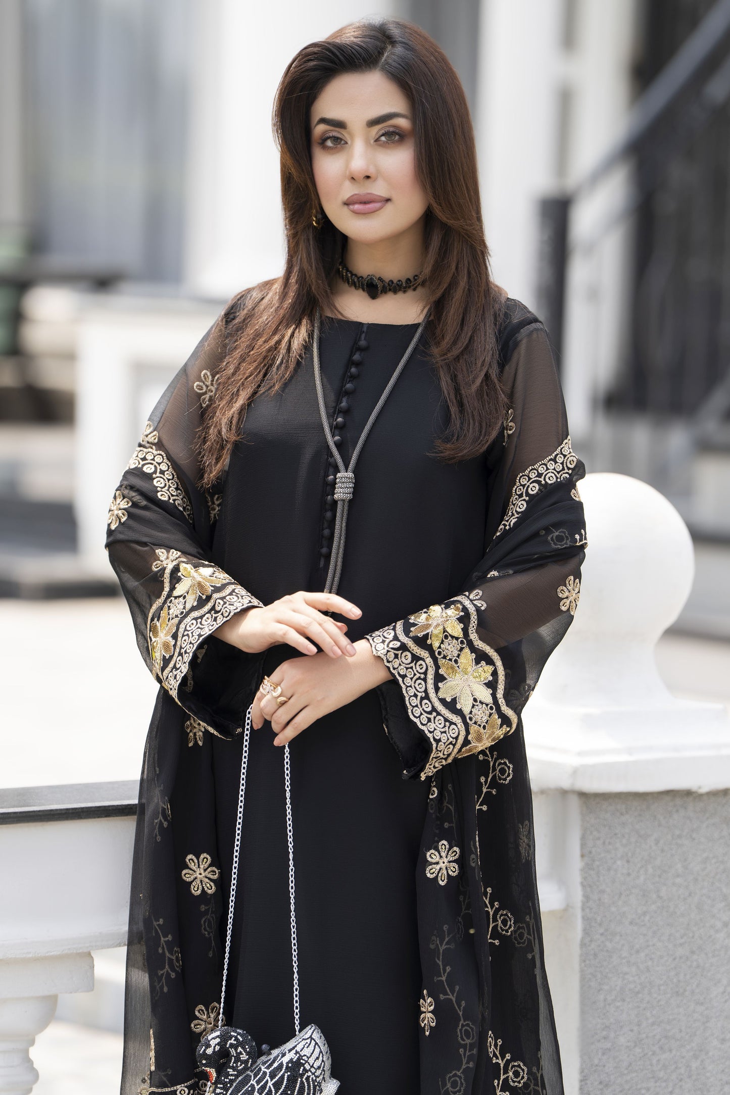 Gul Warun Lustre Chiffon – 3pc Ready to Wear Black Embroidered Long Dress LSG7