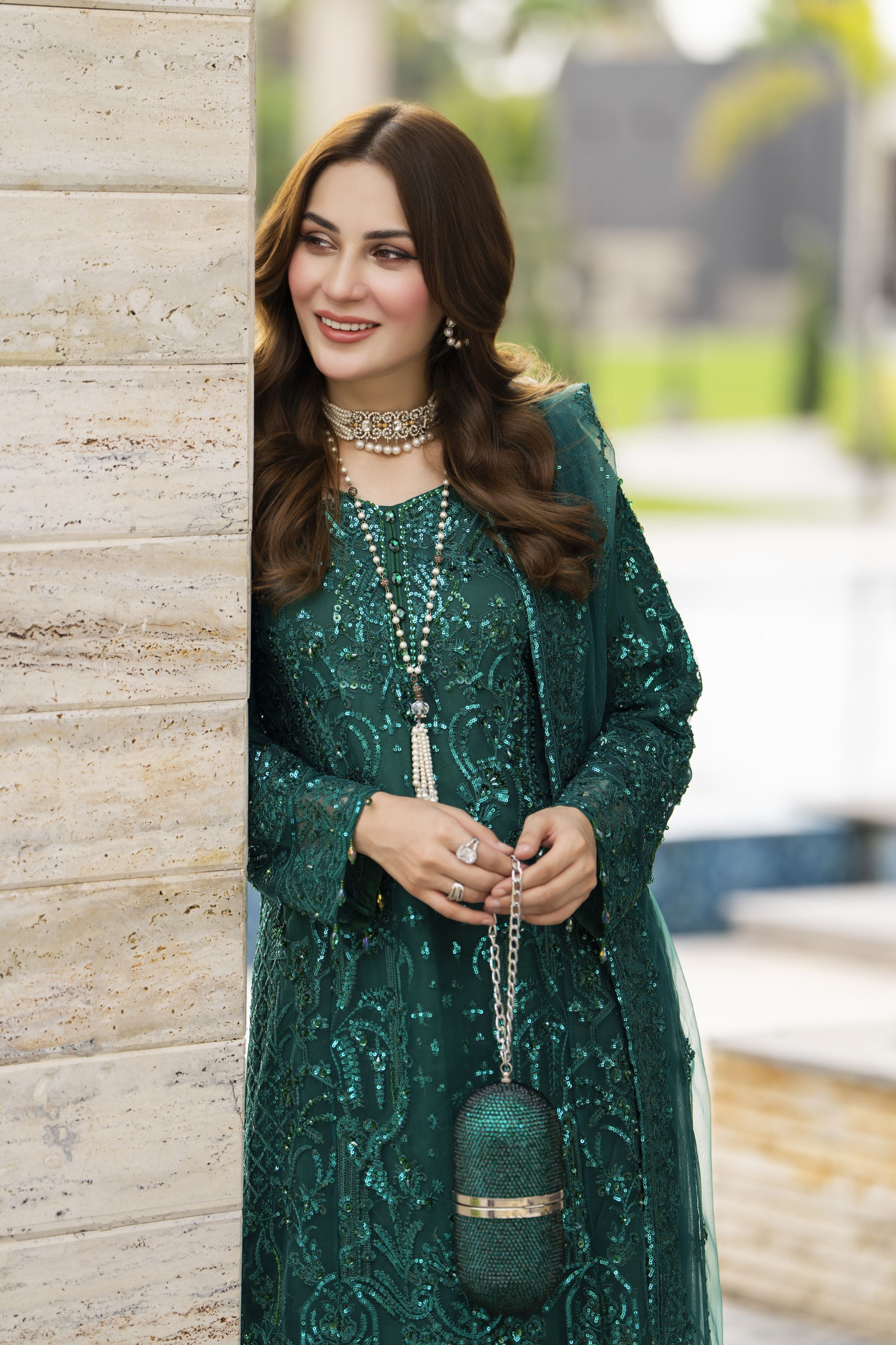 Emerald Green Net Embroidered 3pc Sharara Dress with Handwork by SILVER SBS9