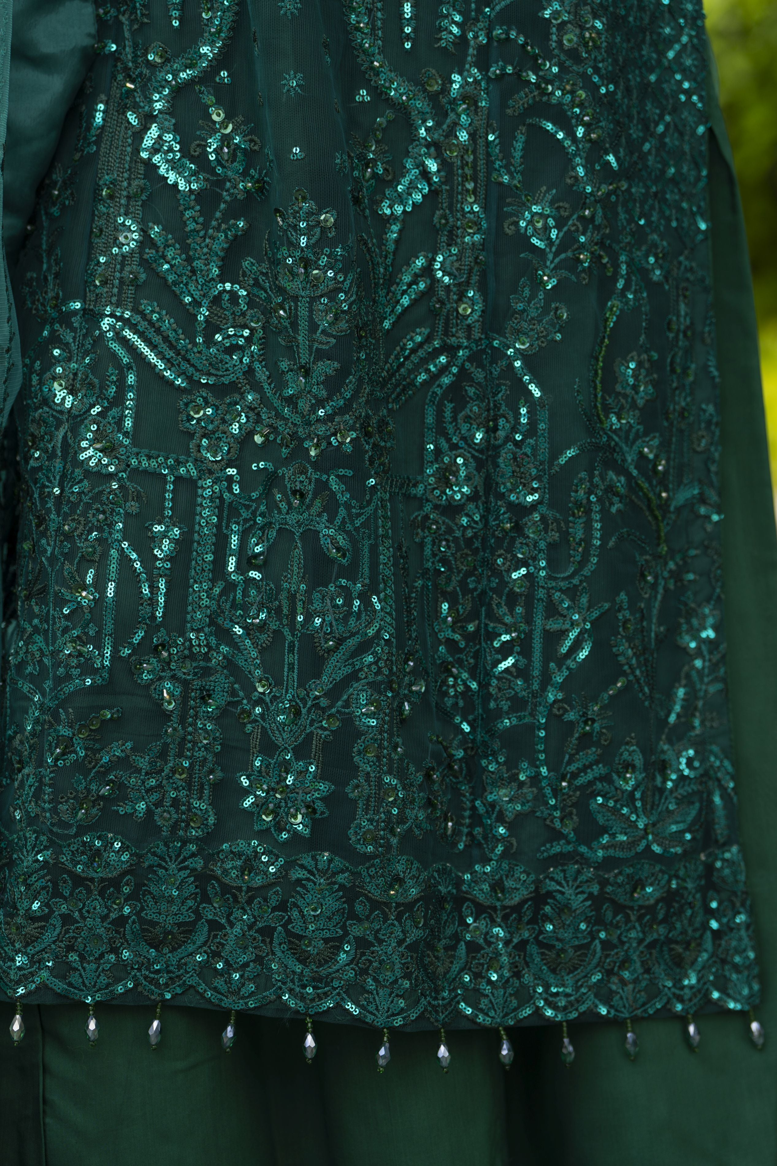 Emerald Green Net Embroidered 3pc Sharara Dress with Handwork by SILVER SBS9