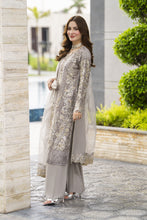 Taupe Grey Embroidered 3pc Grip Sharara Dress with Organza Dupatta by SILVER SBS10