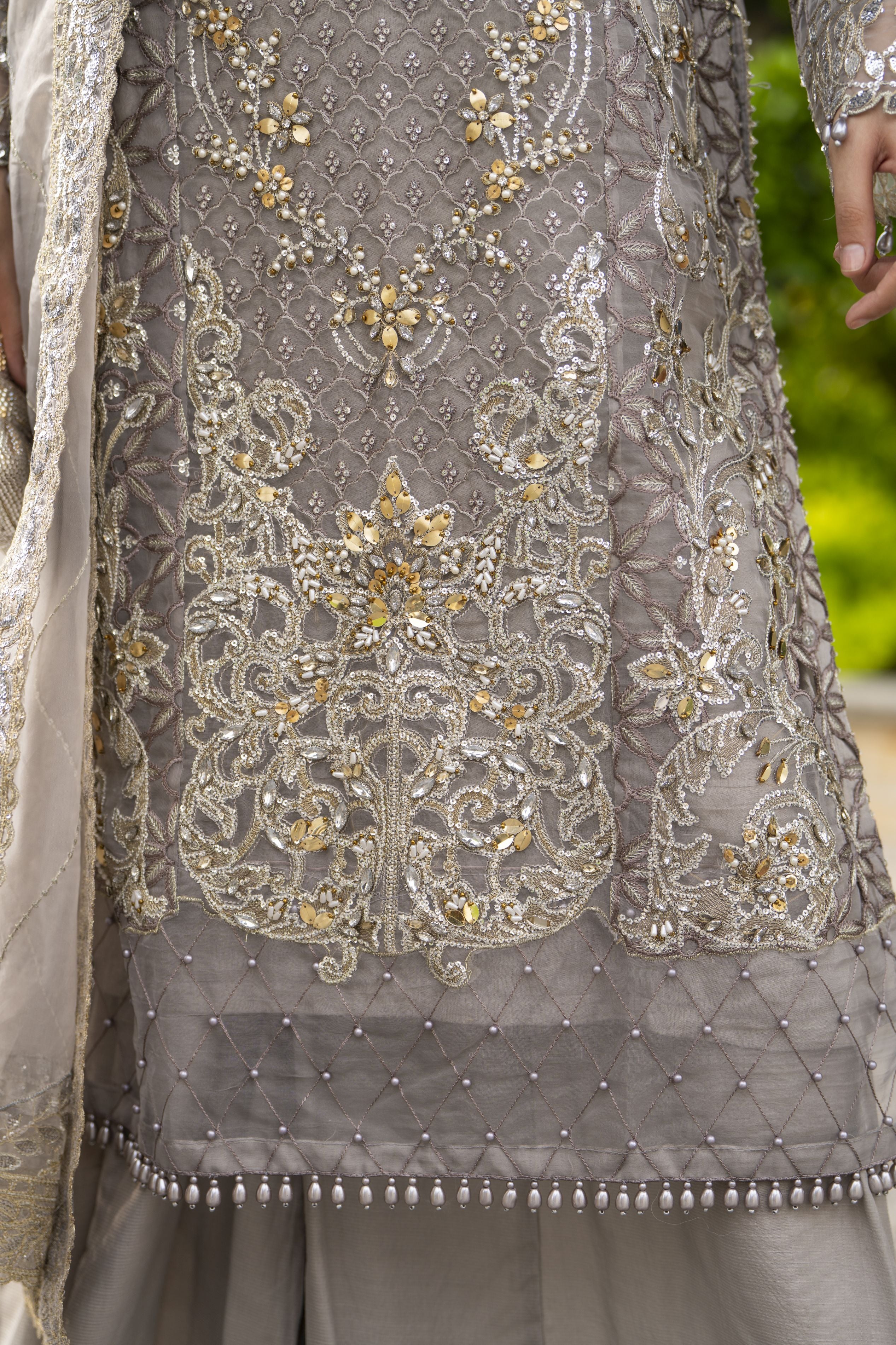 Taupe Grey Embroidered 3pc Grip Sharara Dress with Organza Dupatta by SILVER SBS10