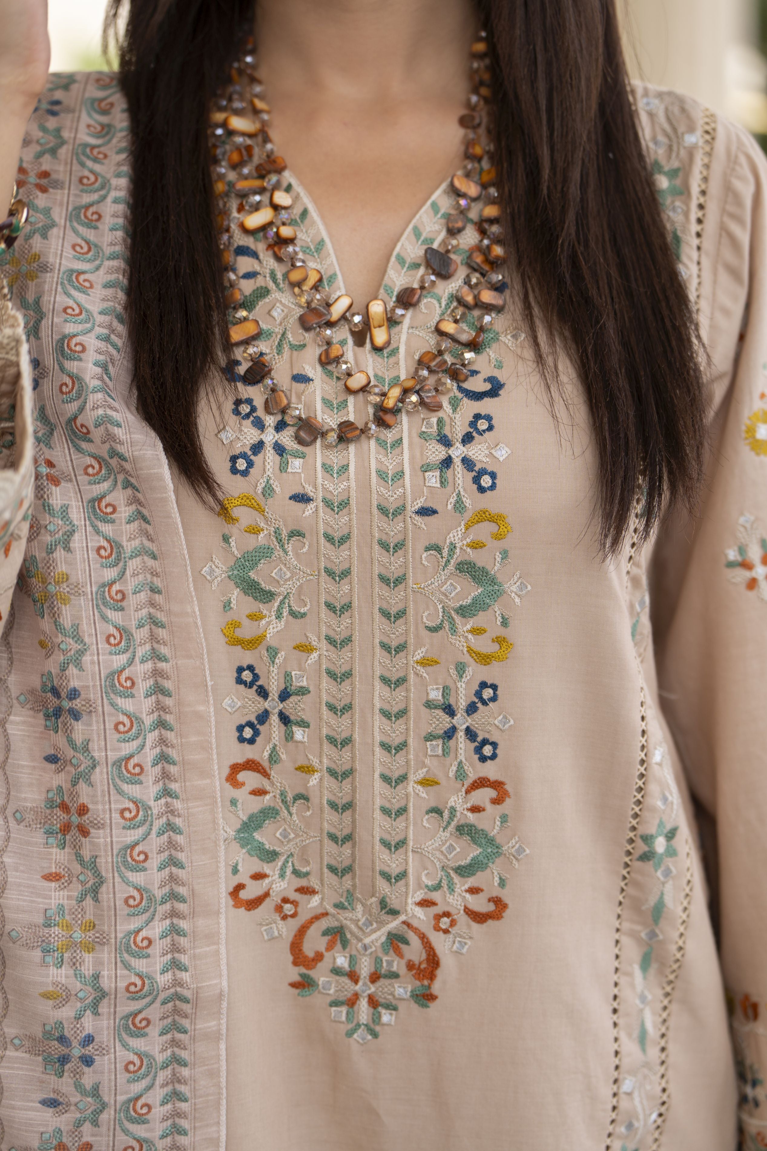 Cotton Canvas by Zaiwa – 3pc Beige Cotton Cutwork Suit CCZ7