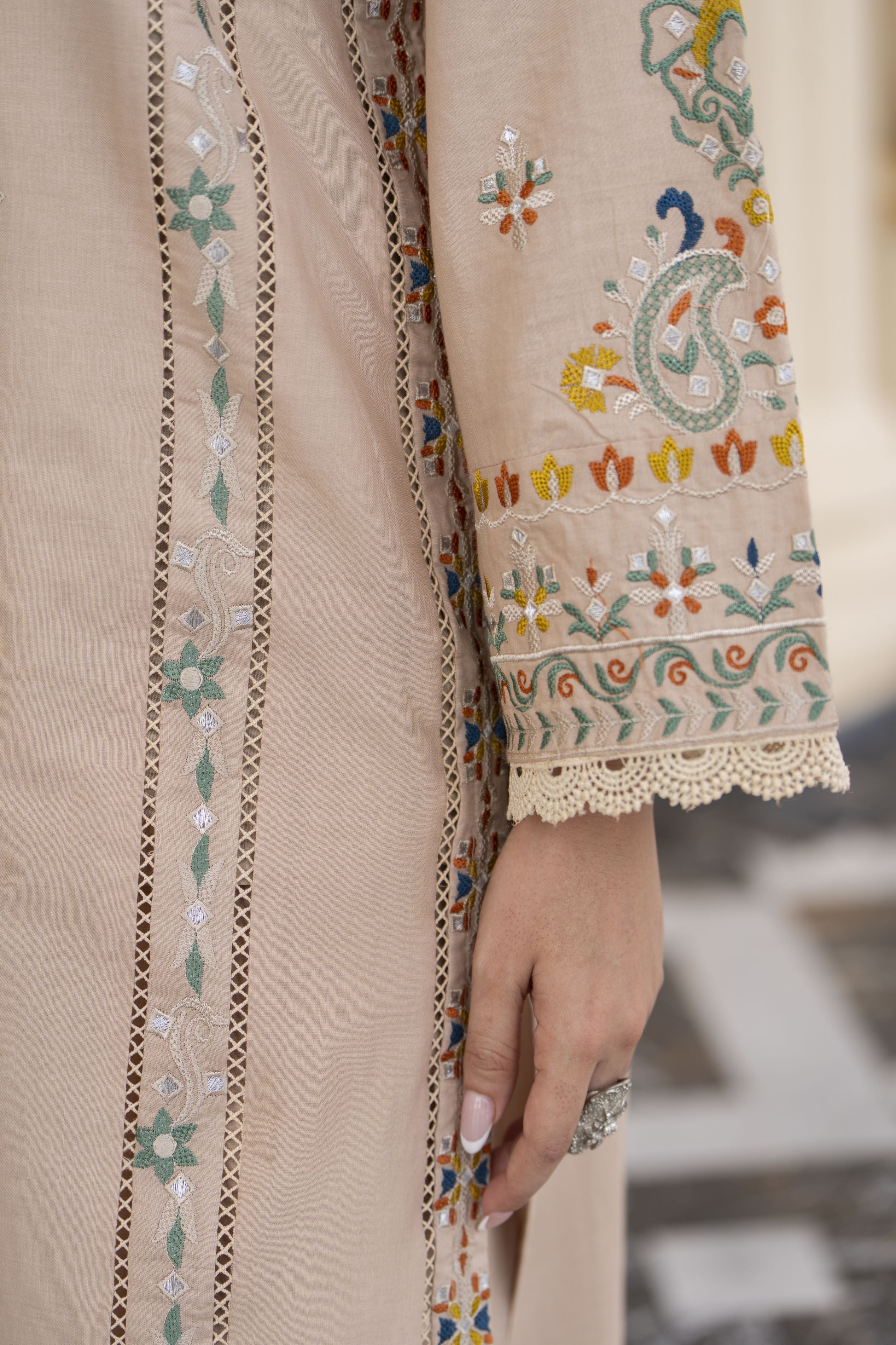 Cotton Canvas by Zaiwa – 3pc Beige Cotton Cutwork Suit CCZ7