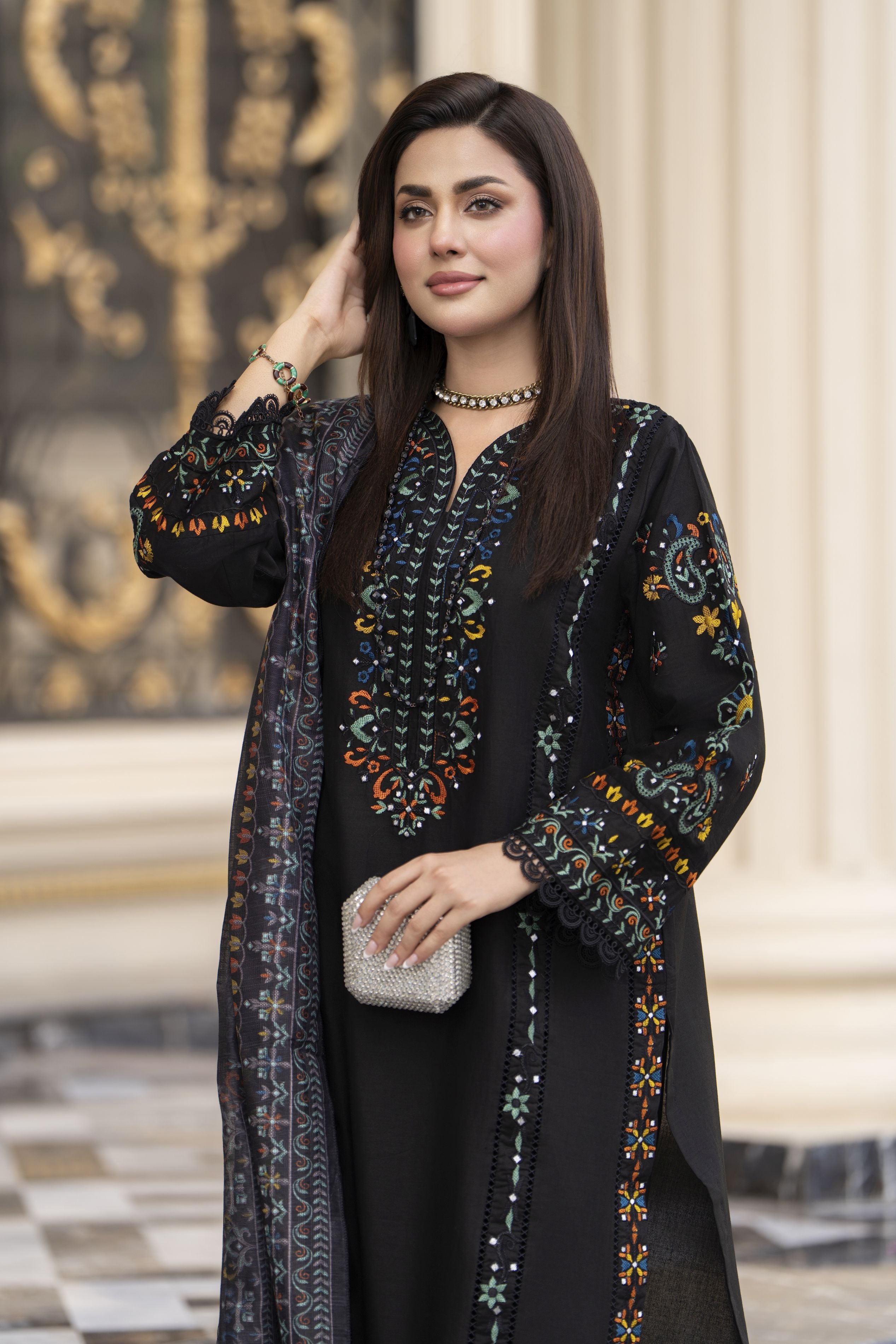 Cotton Canvas by Zaiwa – 3pc Black Cotton Pakistani Designer Suit CCZ9