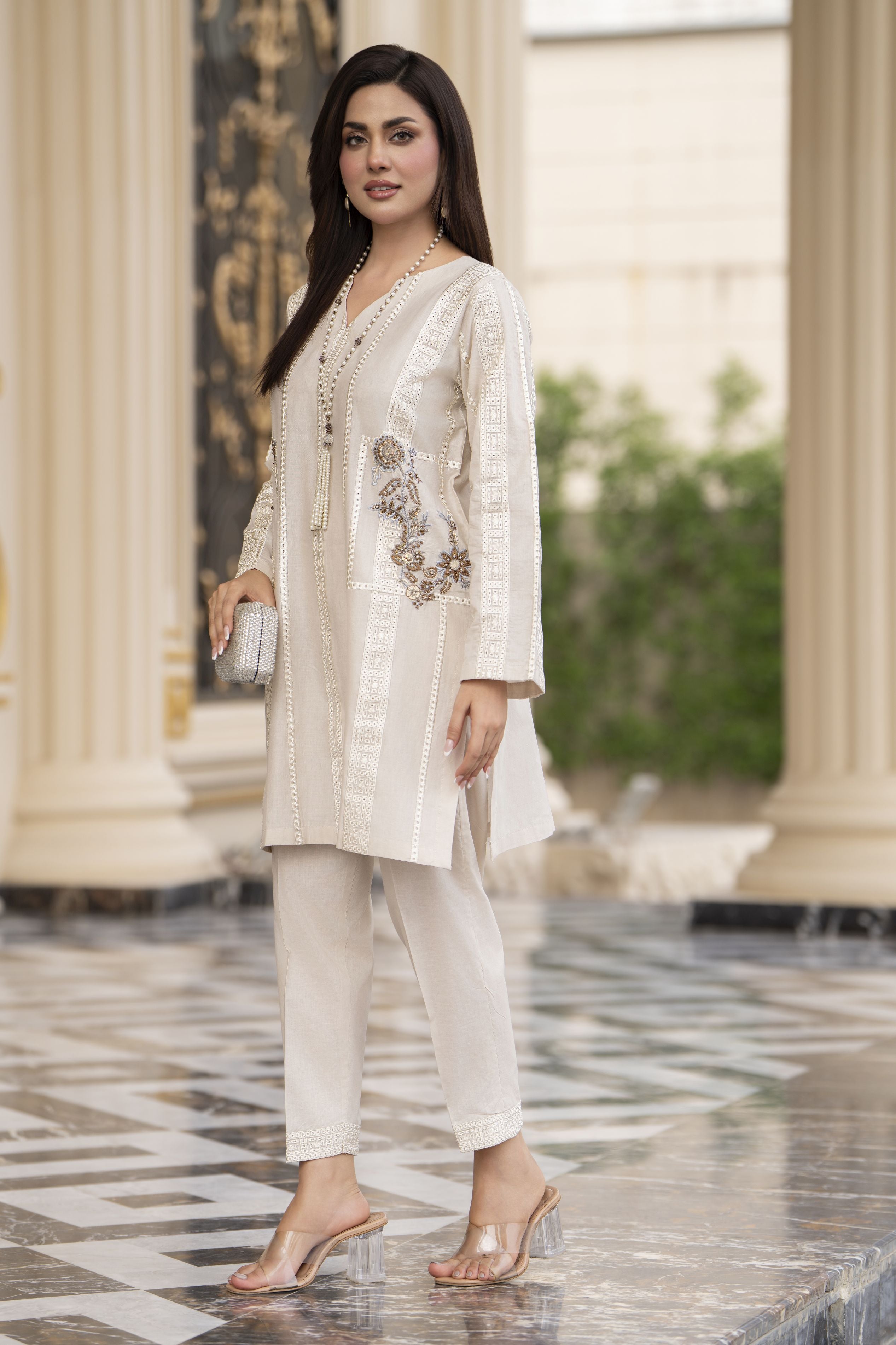 Cotton Canvas by Zaiwa – 2pc Ivory Cotton Handwork Dress CCZ4