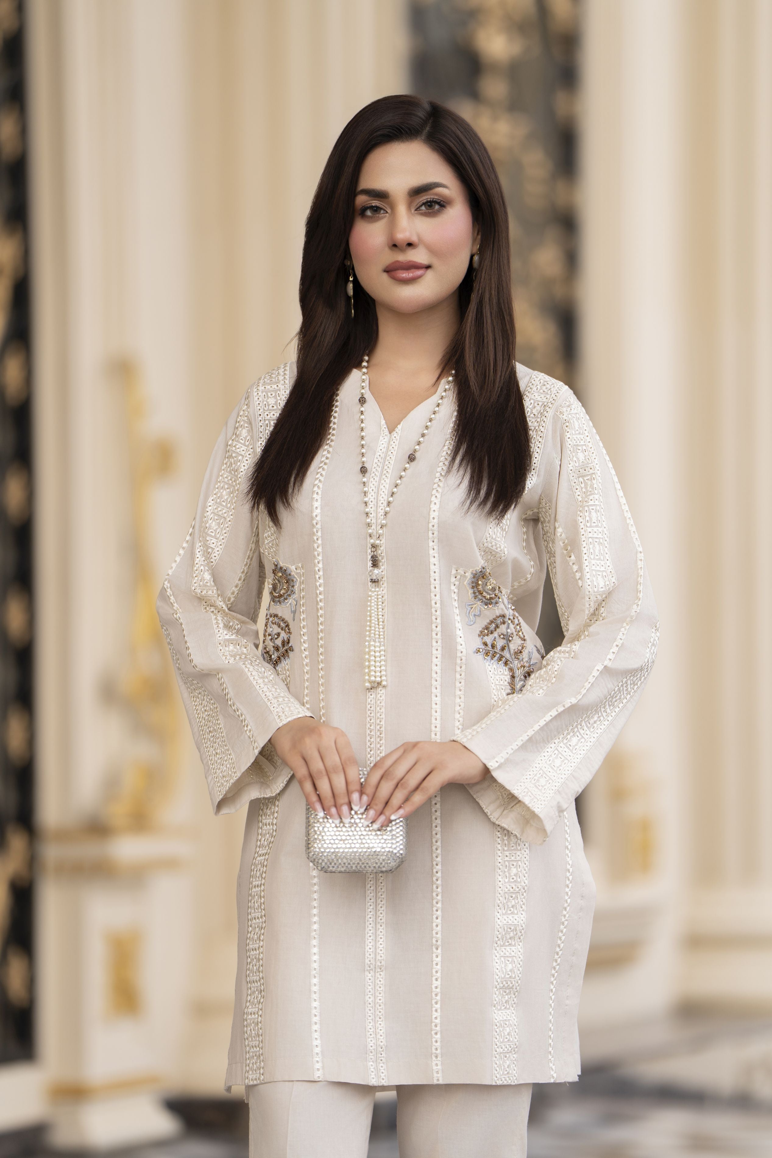 Cotton Canvas by Zaiwa – 2pc Ivory Cotton Handwork Dress CCZ4