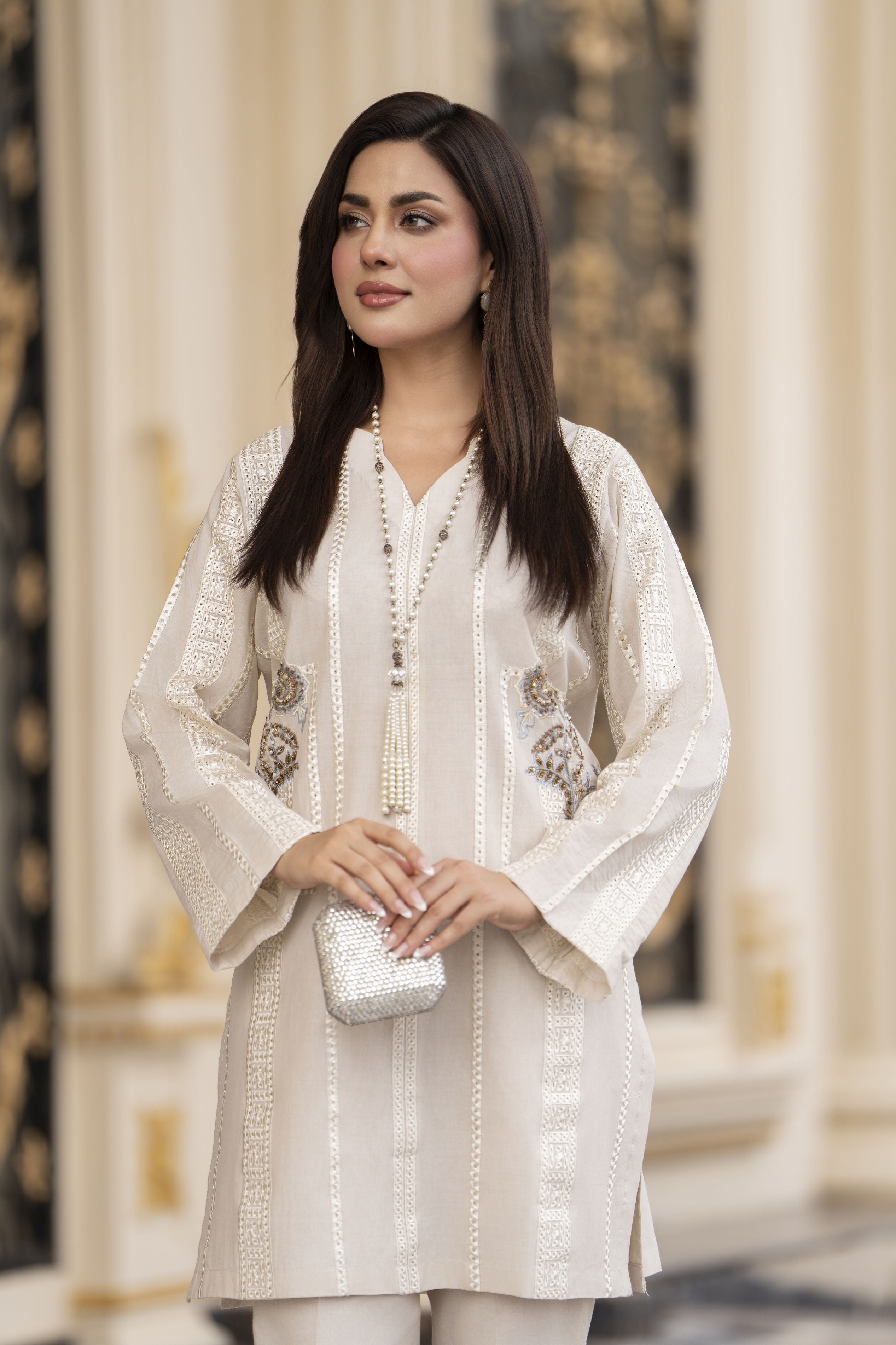 Cotton Canvas by Zaiwa – 2pc Ivory Cotton Handwork Dress CCZ4