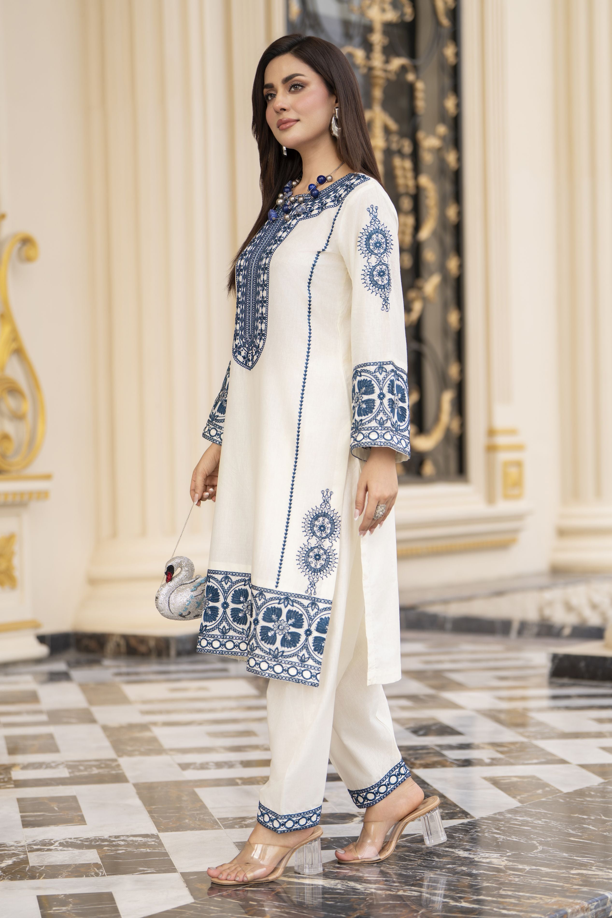 Cotton Canvas by Zaiwa – 2pc Embroidered Cotton Dress in Ivory & Blue CCZ1