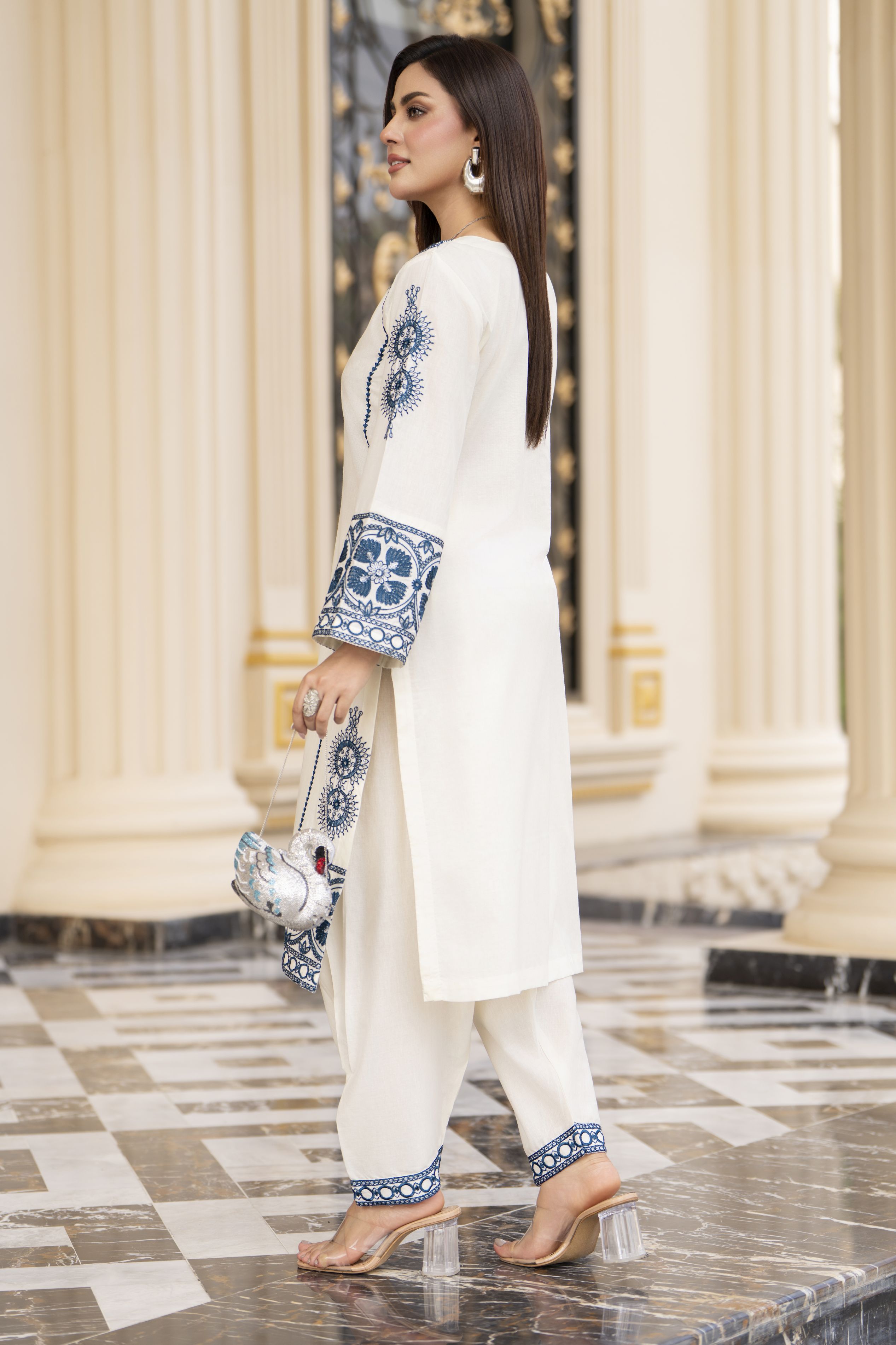 Cotton Canvas by Zaiwa – 2pc Embroidered Cotton Dress in Ivory & Blue CCZ1