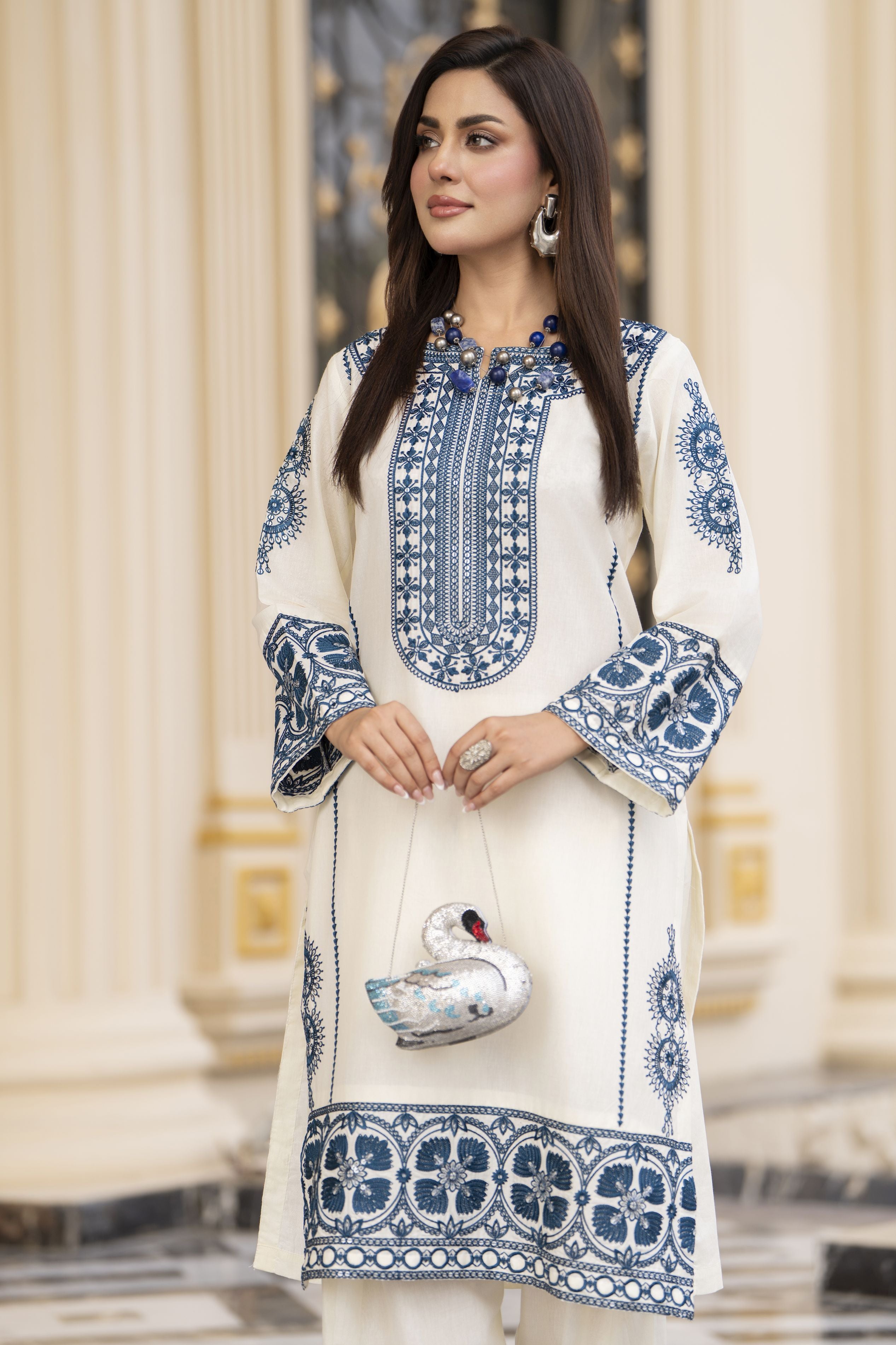 Cotton Canvas by Zaiwa – 2pc Embroidered Cotton Dress in Ivory & Blue CCZ1