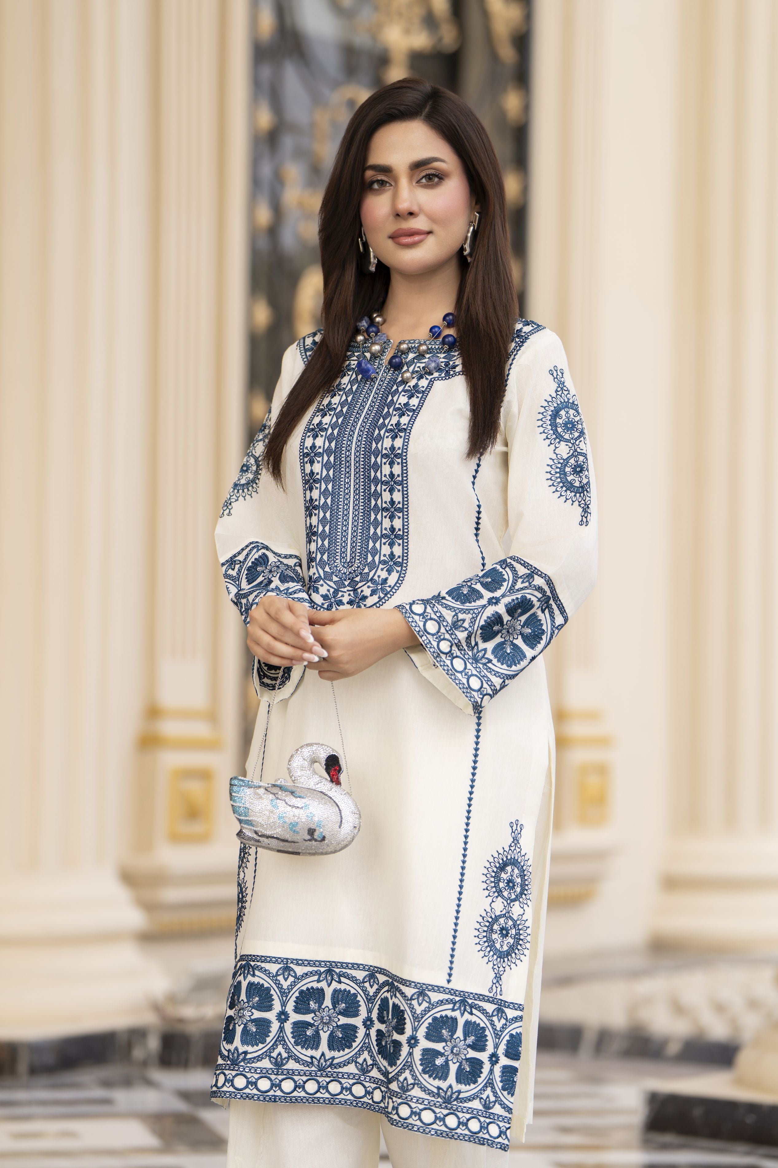 Cotton Canvas by Zaiwa – 2pc Embroidered Cotton Dress in Ivory & Blue CCZ1