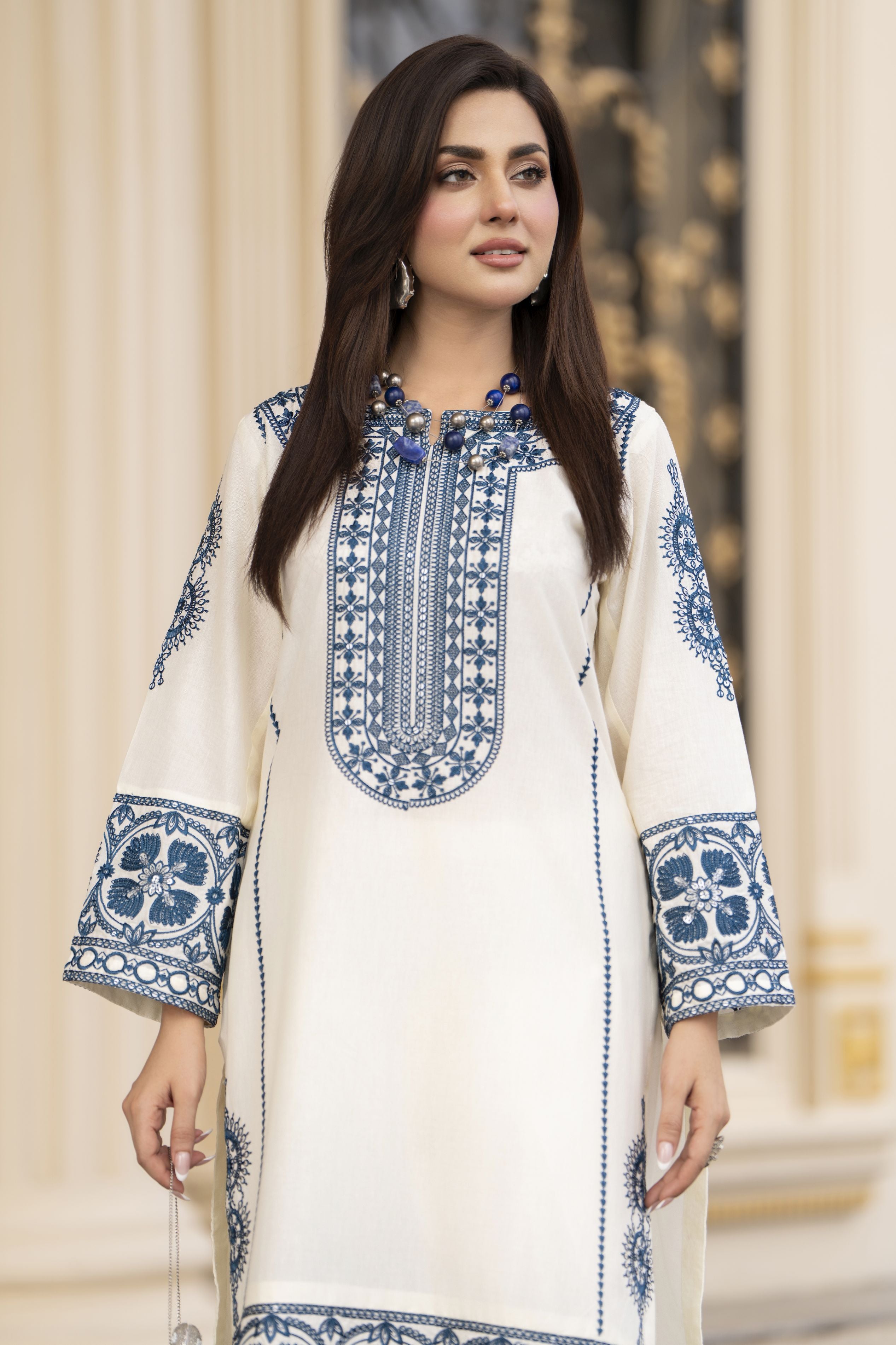 Cotton Canvas by Zaiwa – 2pc Embroidered Cotton Dress in Ivory & Blue CCZ1