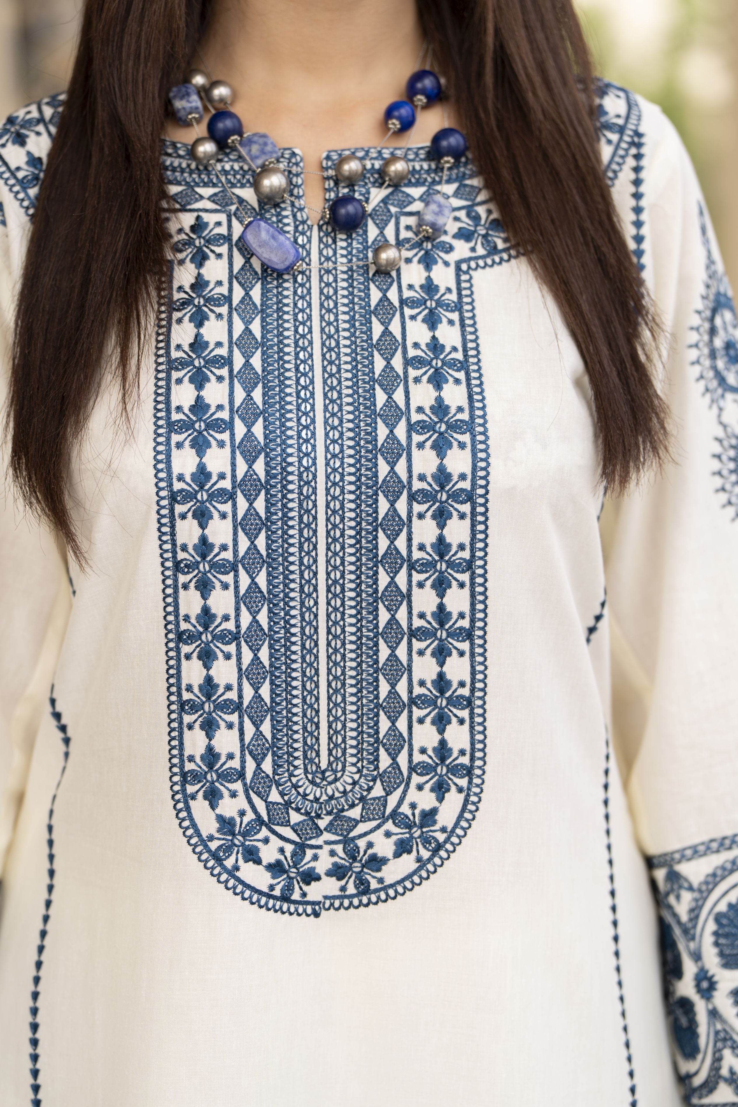 Cotton Canvas by Zaiwa – 2pc Embroidered Cotton Dress in Ivory & Blue CCZ1