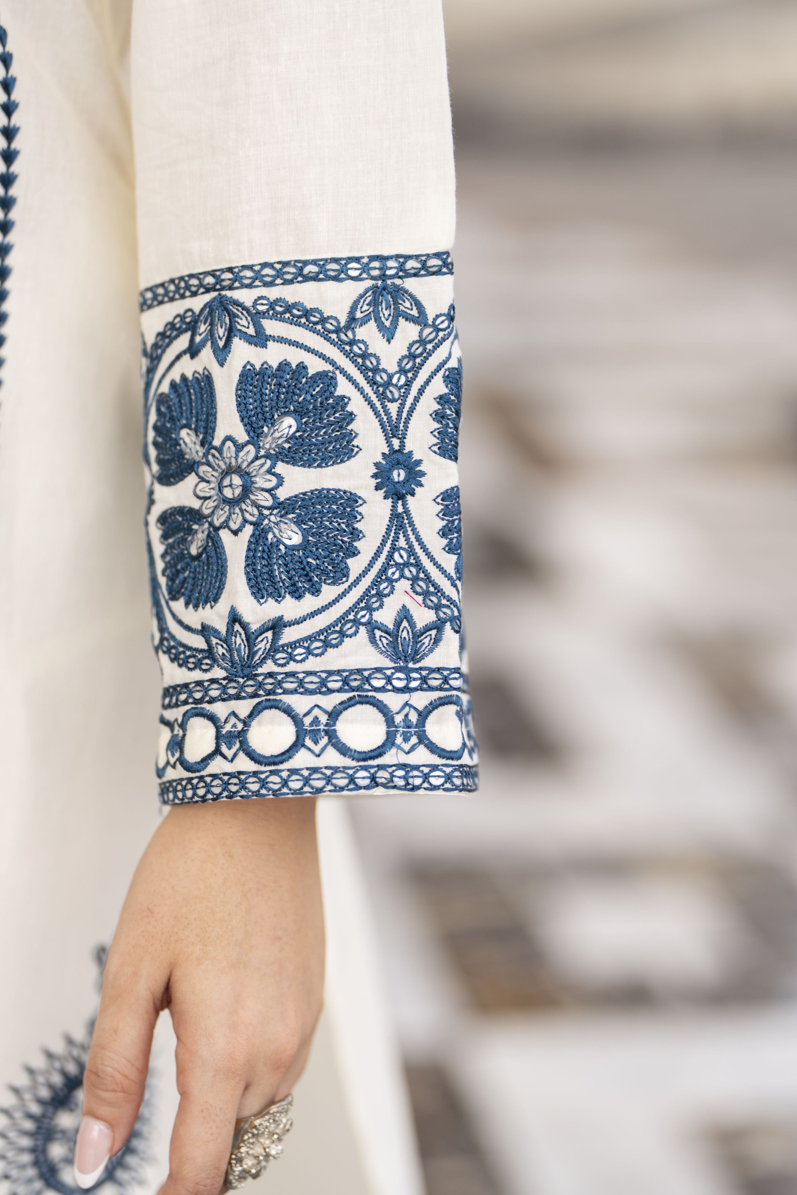 Cotton Canvas by Zaiwa – 2pc Embroidered Cotton Dress in Ivory & Blue CCZ1