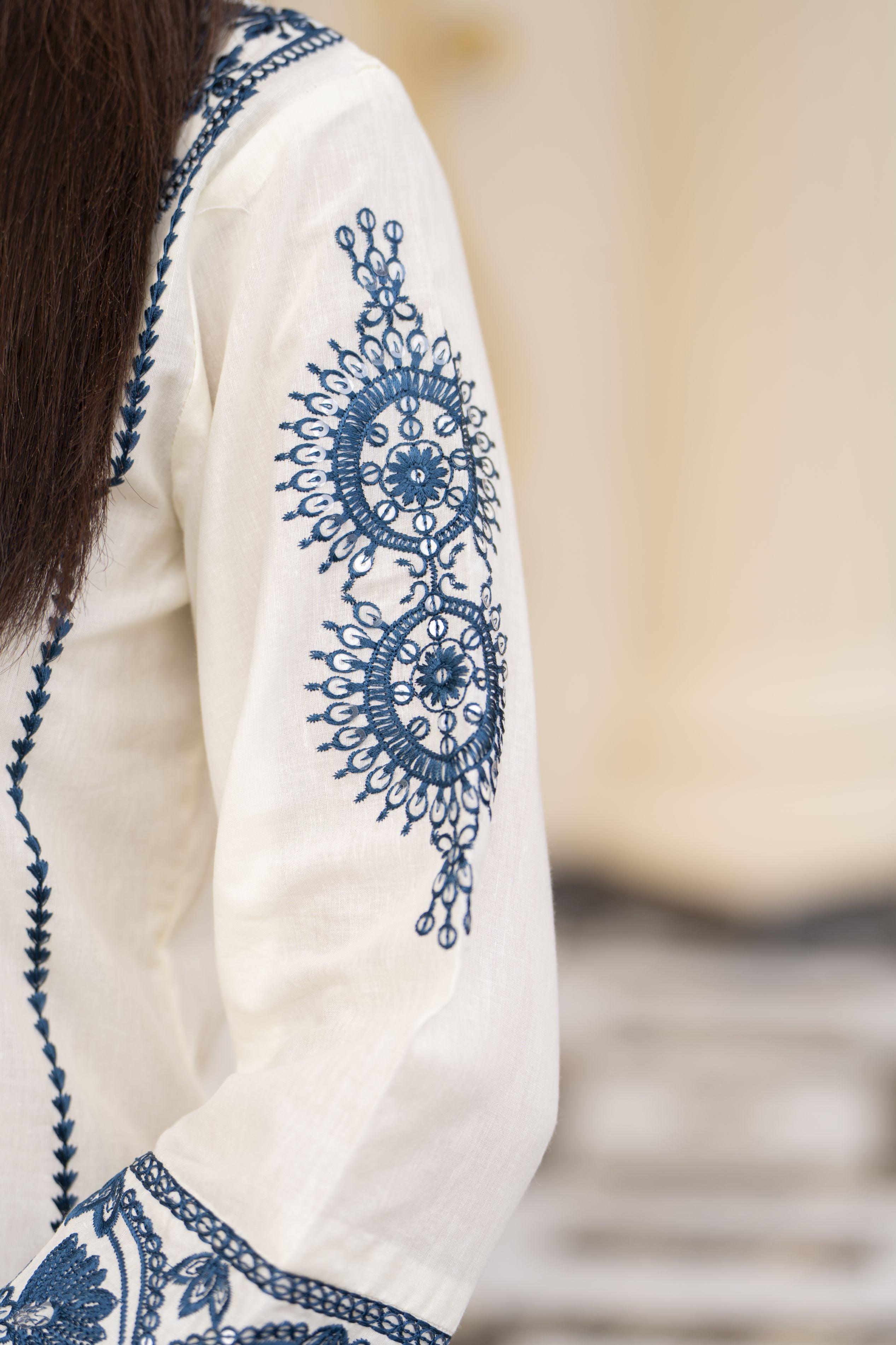 Cotton Canvas by Zaiwa – 2pc Embroidered Cotton Dress in Ivory & Blue CCZ1