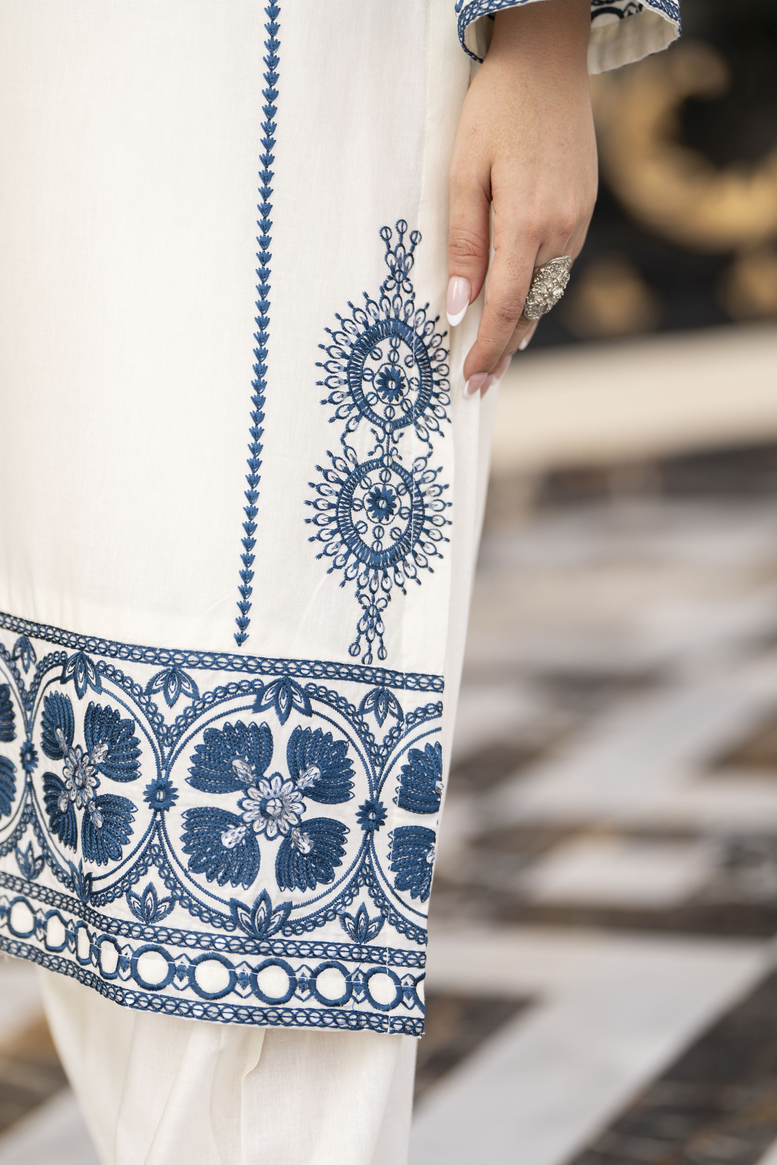 Cotton Canvas by Zaiwa – 2pc Embroidered Cotton Dress in Ivory & Blue CCZ1