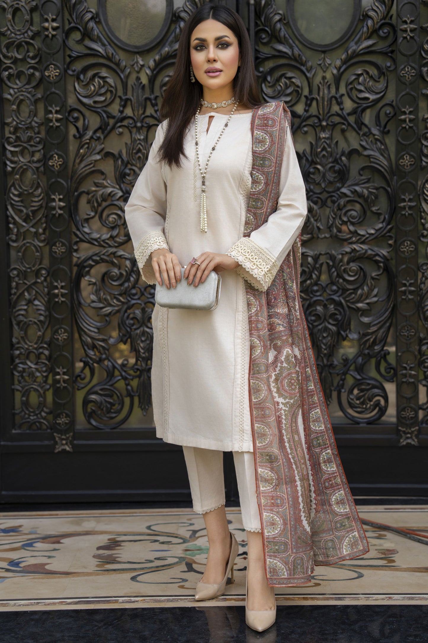 Cream Embroidered Cotton 3pc Women Suit with Dupatta | Baarish by Miski BYM3
