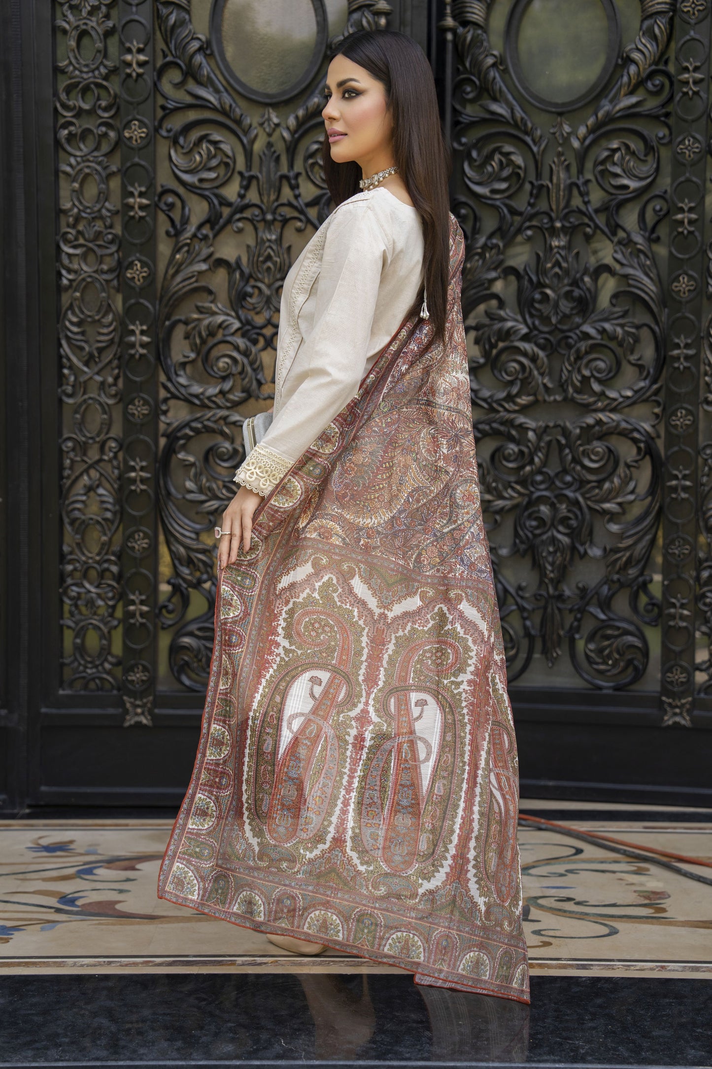 Cream Embroidered Cotton 3pc Women Suit with Dupatta | Baarish by Miski BYM3