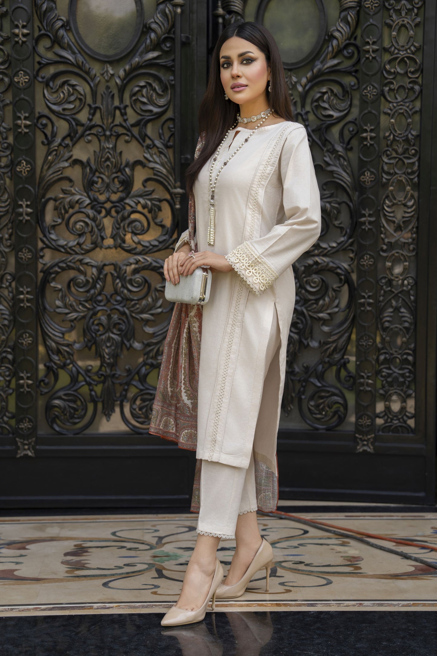 Cream Embroidered Cotton 3pc Women Suit with Dupatta | Baarish by Miski BYM3