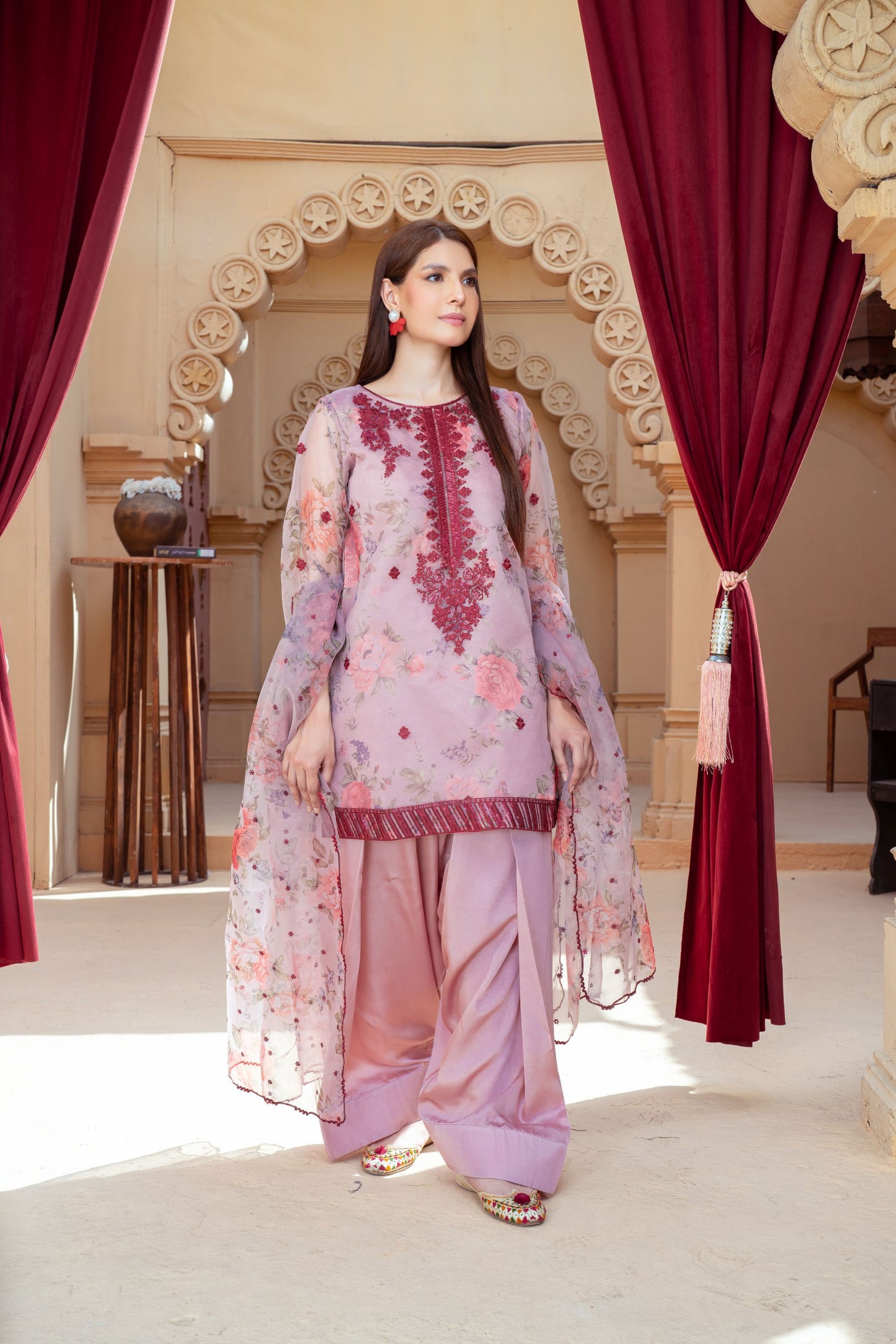 Blush Pink Organza Embroidered Shirt with Silk Farshi Shalwar – RNK6 | Noorma Kamal