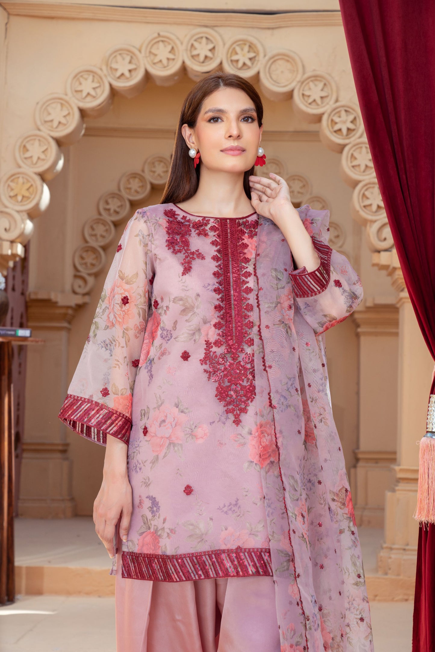 Blush Pink Organza Embroidered Shirt with Silk Farshi Shalwar – RNK6 | Noorma Kamal