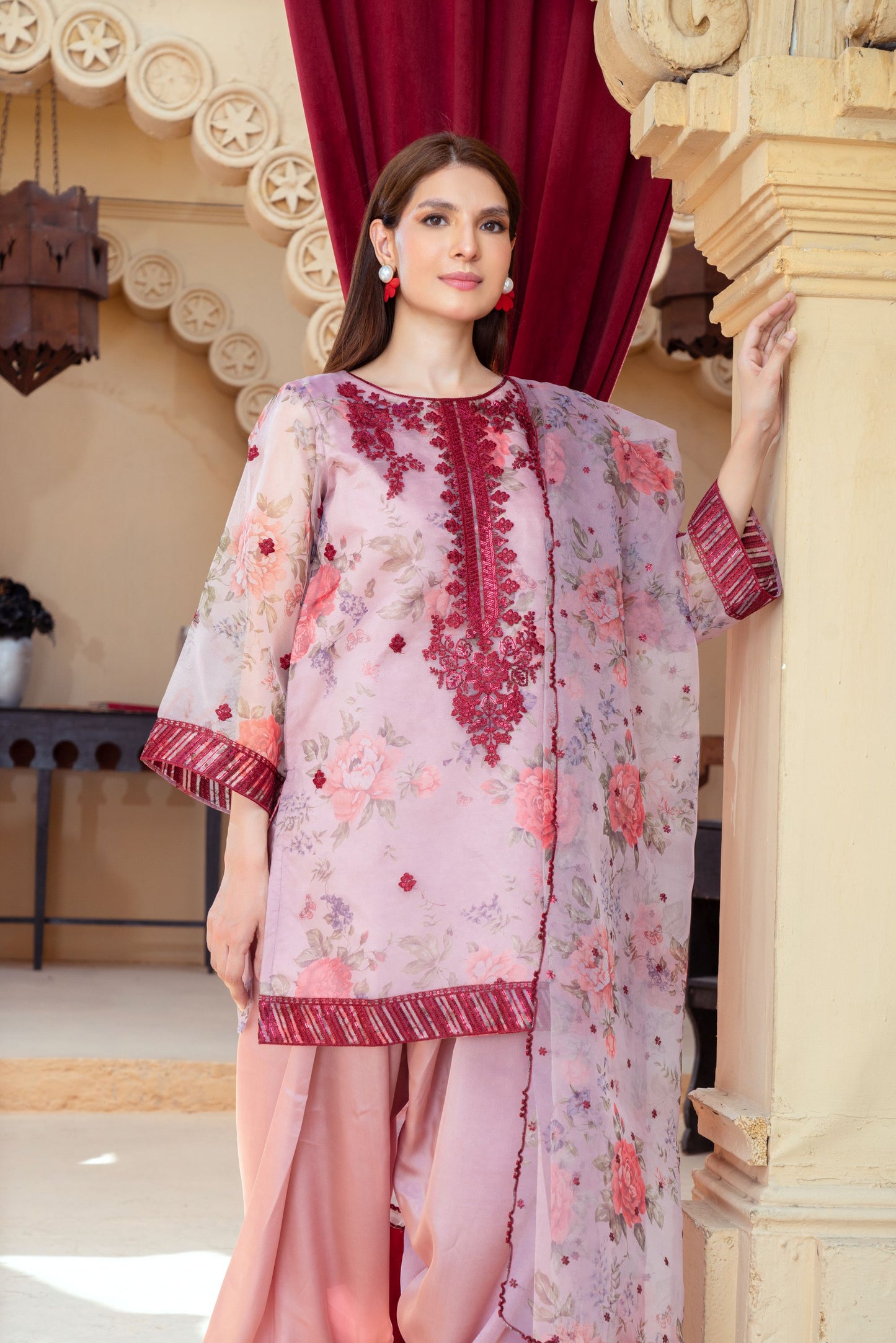 Blush Pink Organza Embroidered Shirt with Silk Farshi Shalwar – RNK6 | Noorma Kamal