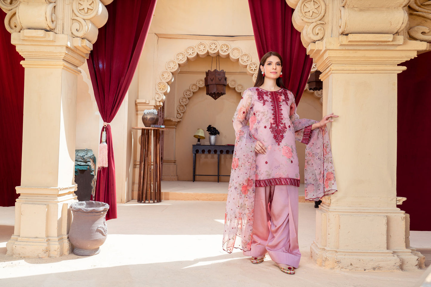 Blush Pink Organza Embroidered Shirt with Silk Farshi Shalwar – RNK6 | Noorma Kamal