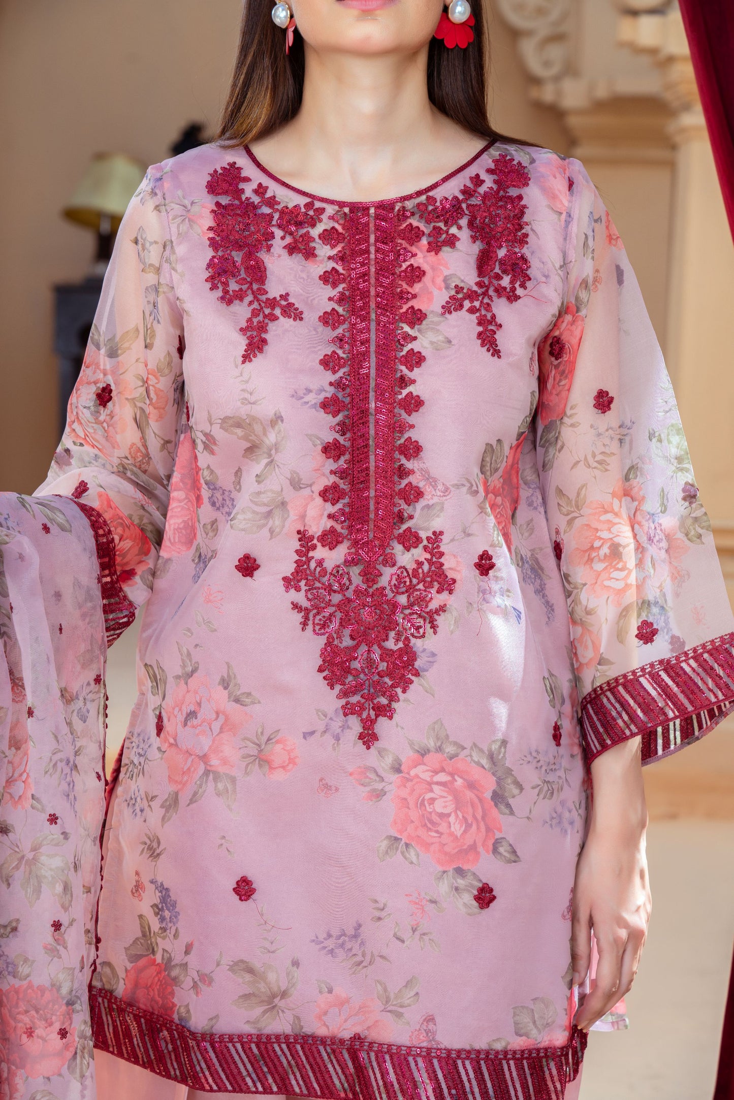 Blush Pink Organza Embroidered Shirt with Silk Farshi Shalwar – RNK6 | Noorma Kamal