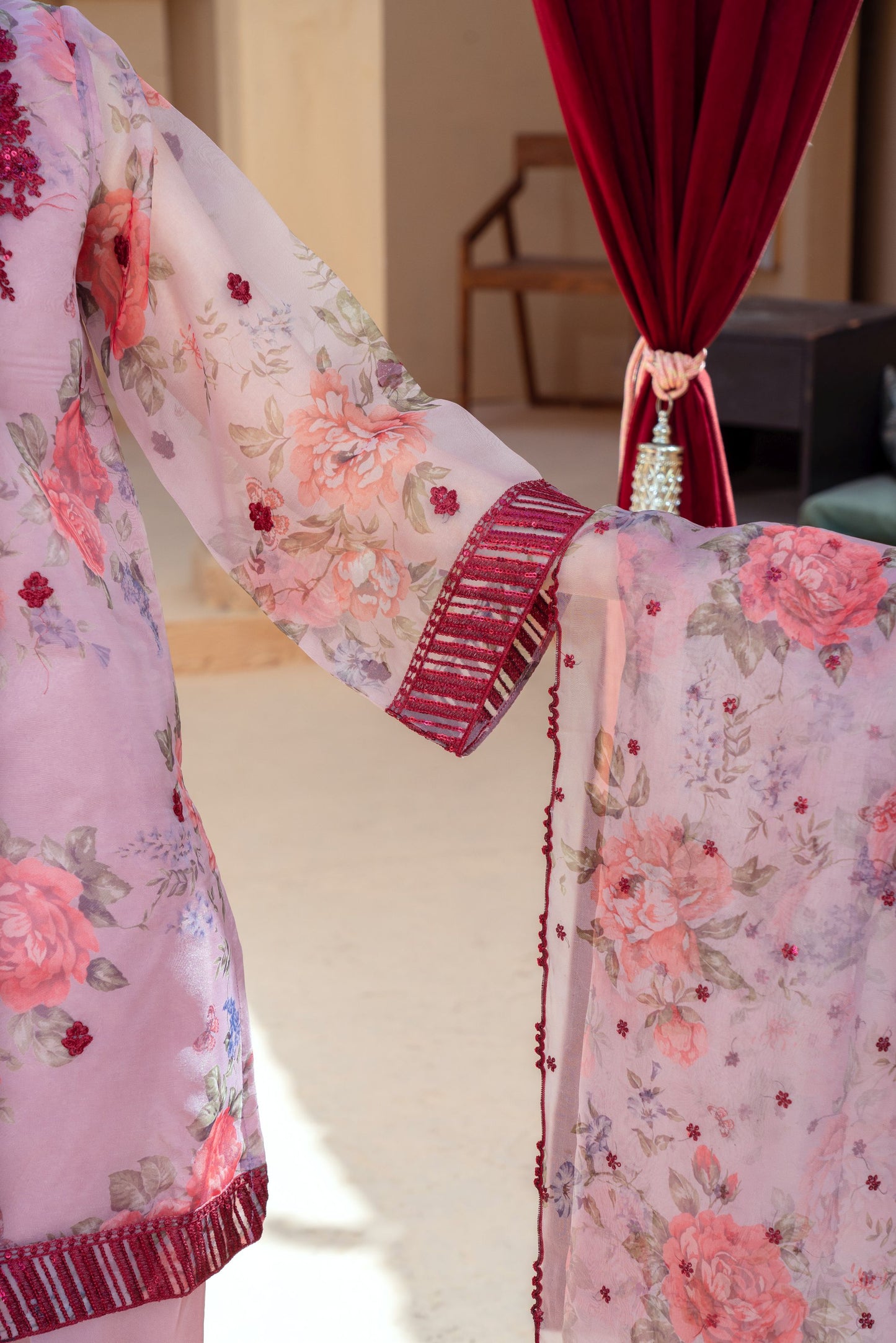 Blush Pink Organza Embroidered Shirt with Silk Farshi Shalwar – RNK6 | Noorma Kamal