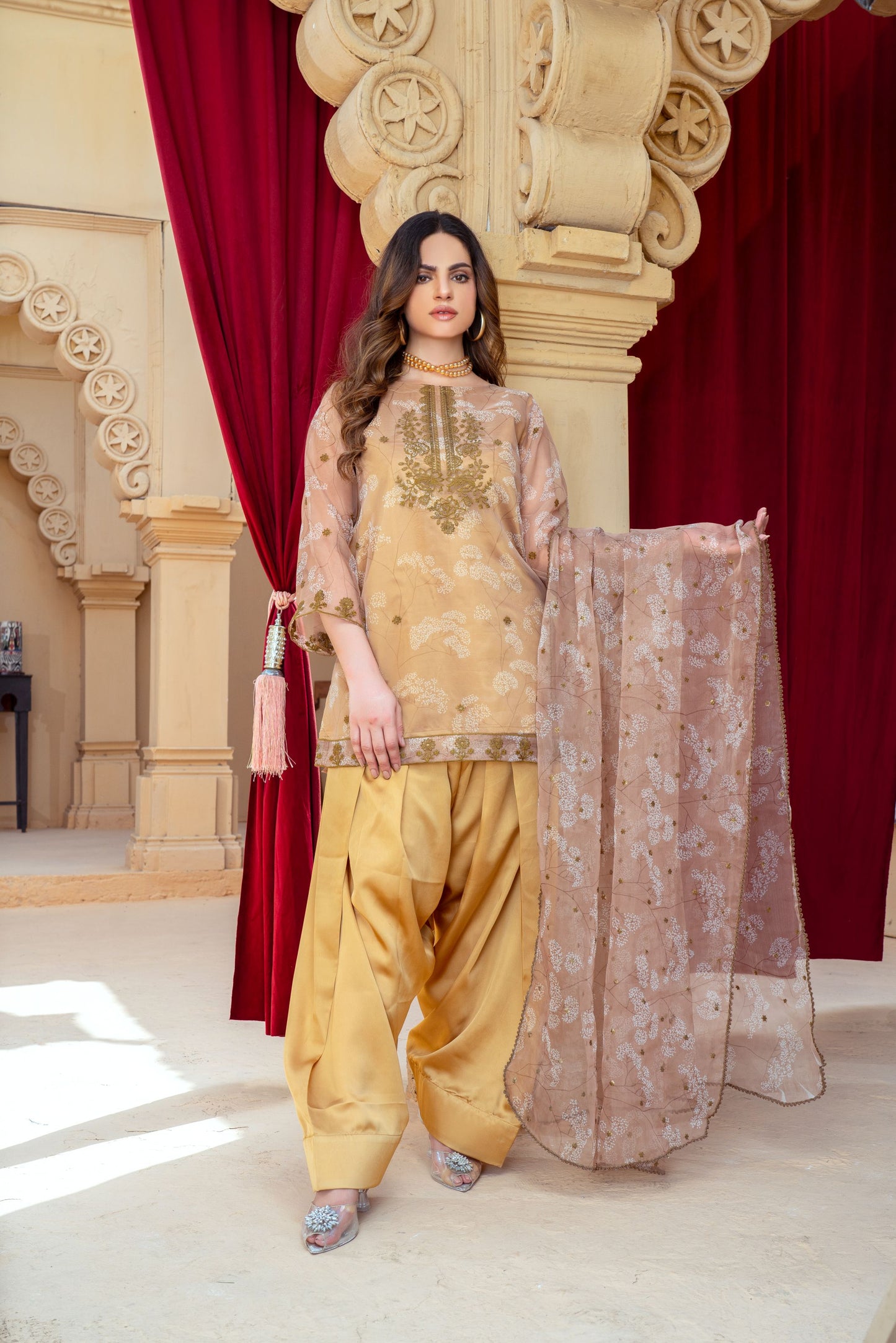 Golden Beige Organza Embroidered Shirt with Mustard Silk Farshi Shalwar – RNK5 | Noorma Kamal