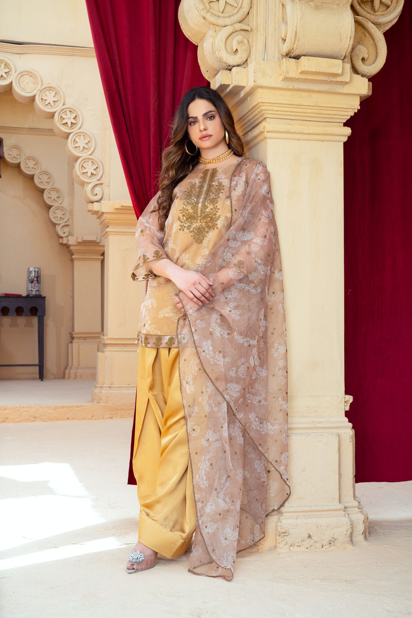 Golden Beige Organza Embroidered Shirt with Mustard Silk Farshi Shalwar – RNK5 | Noorma Kamal